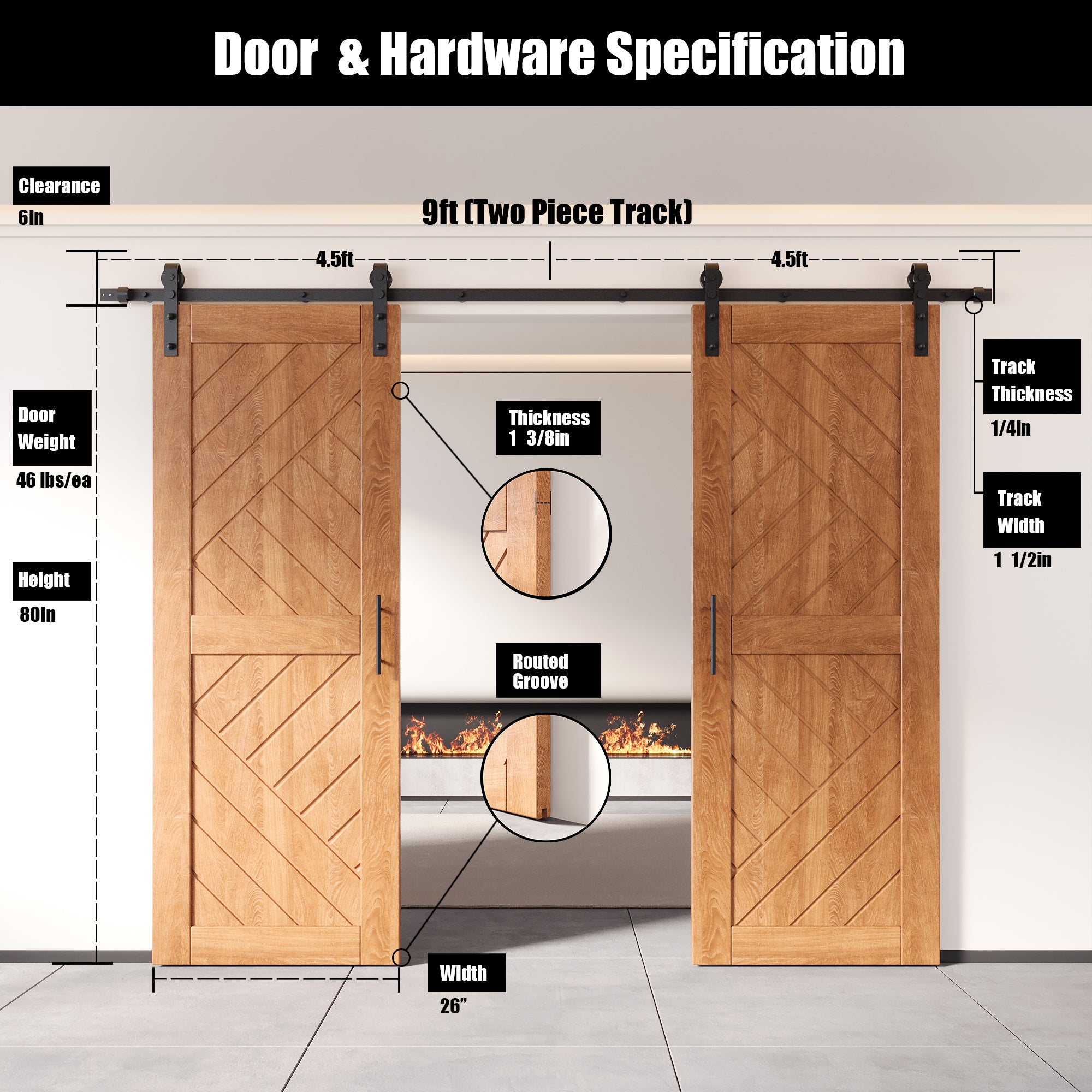 early american finish barn door modern geometric design, double barn doors, single track non bypass hardware kit
