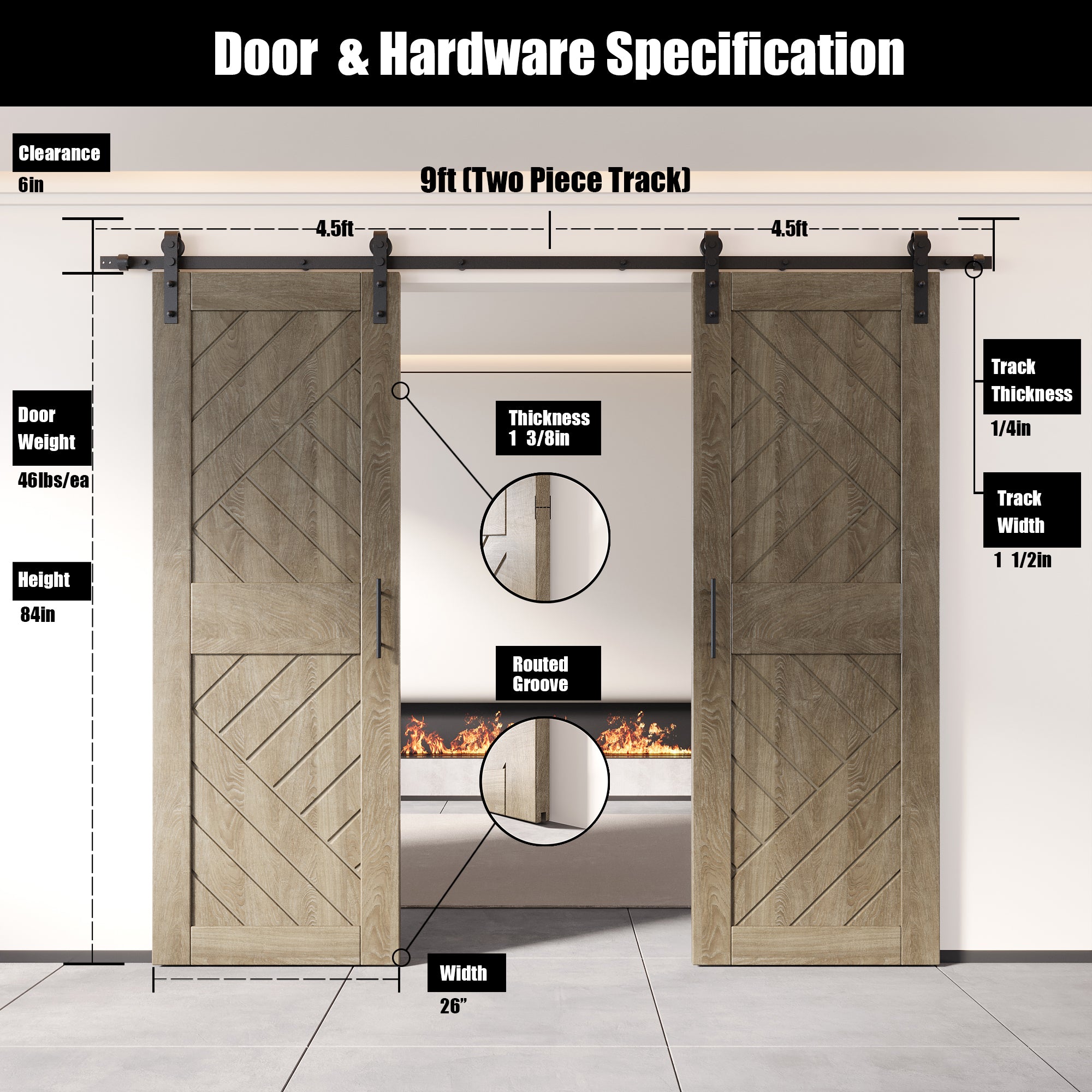 84" Height Classic Gray Geometric Design Unassembled & Finished Double Pine Wood Barn Door with Non-Bypass Installation Hardware Kit(Interior Use Only)