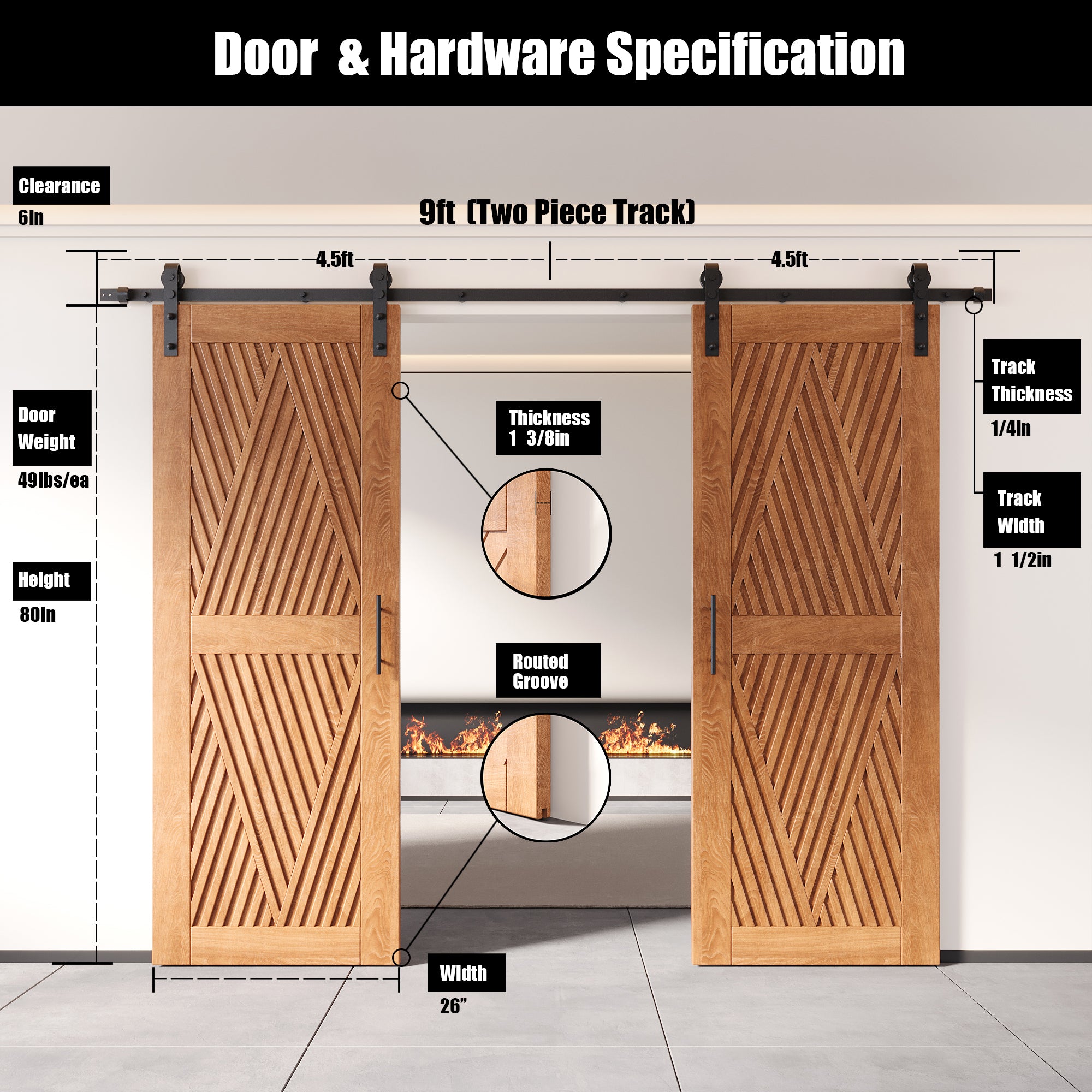 80" Height Early American Diamond Design Unassembled & Finished Double Pine Wood Barn Door with Non-Bypass Installation Hardware Kit(Interior Use Only)