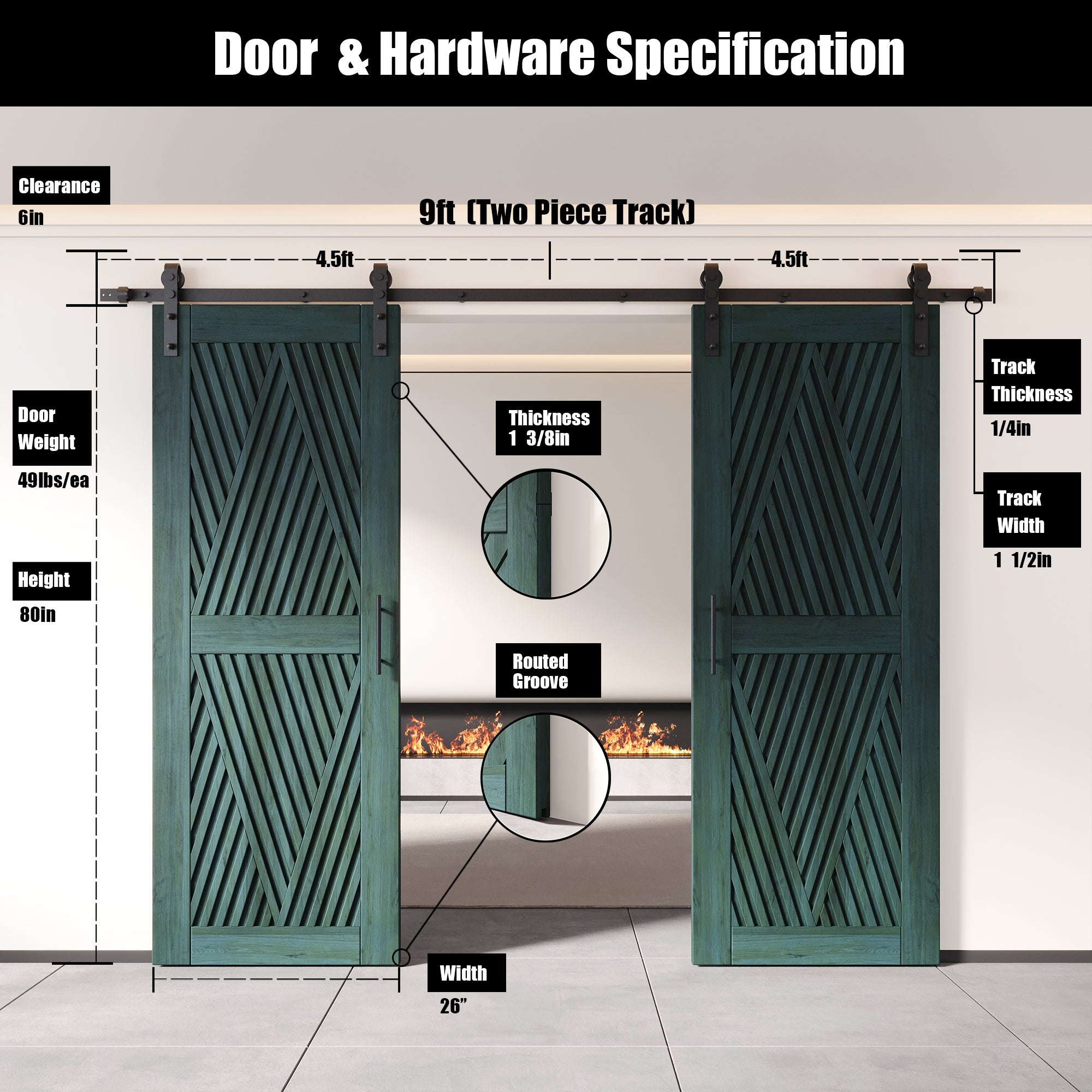 80" Height Royal Pine Diamond Design Unassembled & Finished Double Pine Wood Barn Door with Non-Bypass Installation Hardware Kit(Interior Use Only)