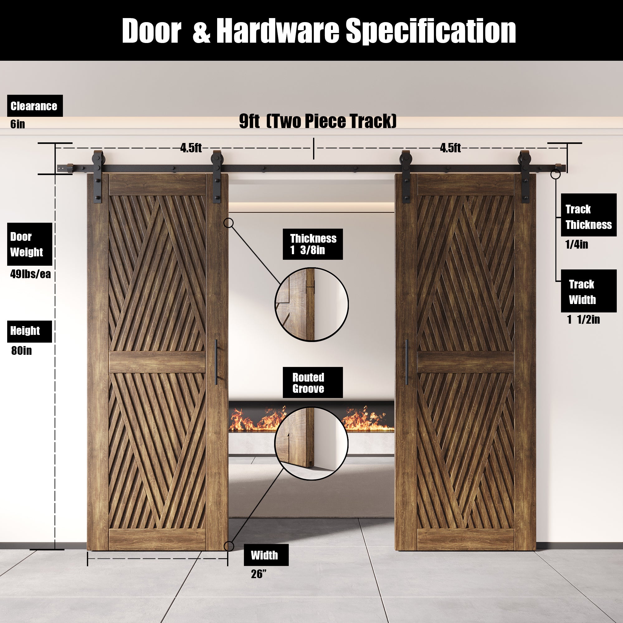 80" Height Dark Walnut Diamond Design Unassembled & Finished Double Pine Wood Barn Door with Non-Bypass Installation Hardware Kit(Interior Use Only)