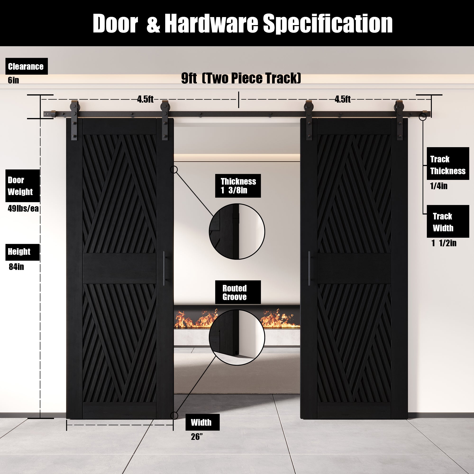 84" Height Black Diamond Design Unassembled & Finished Double Pine Wood Barn Door with Non-Bypass Installation Hardware Kit(Interior Use Only)