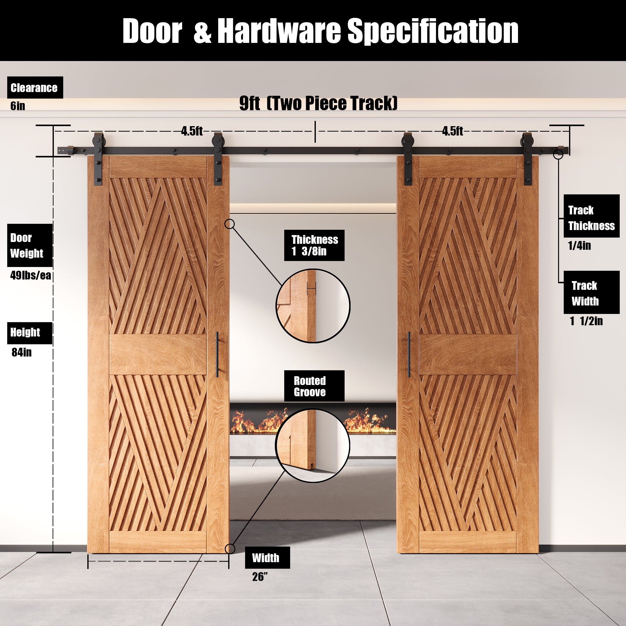 84" Height Early American Diamond Design Unassembled & Finished Double Pine Wood Barn Door with Non-Bypass Installation Hardware Kit(Interior Use Only)