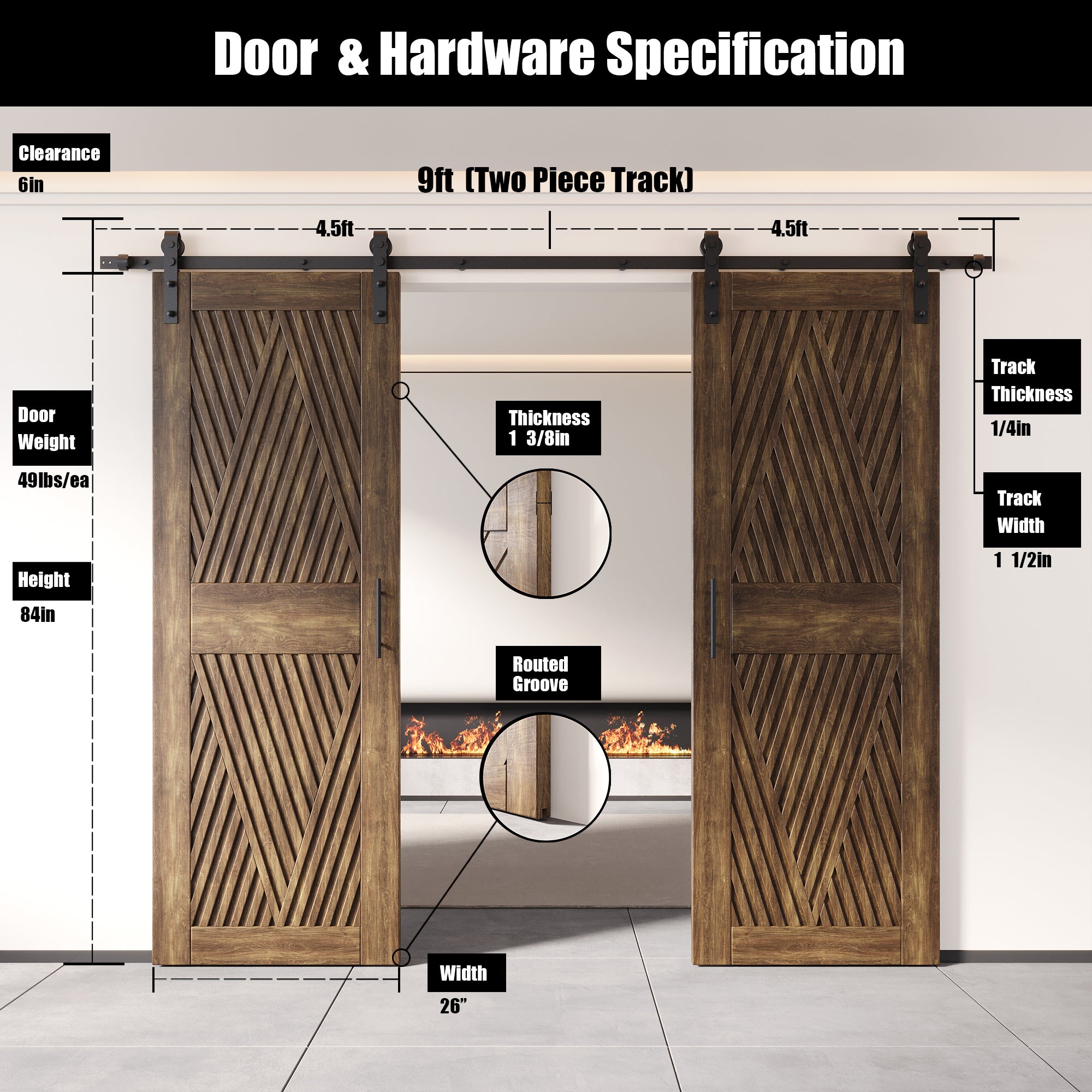 84" Height Dark Walnut Diamond Design Unassembled & Finished Double Pine Wood Barn Door with Non-Bypass Installation Hardware Kit(Interior Use Only)
