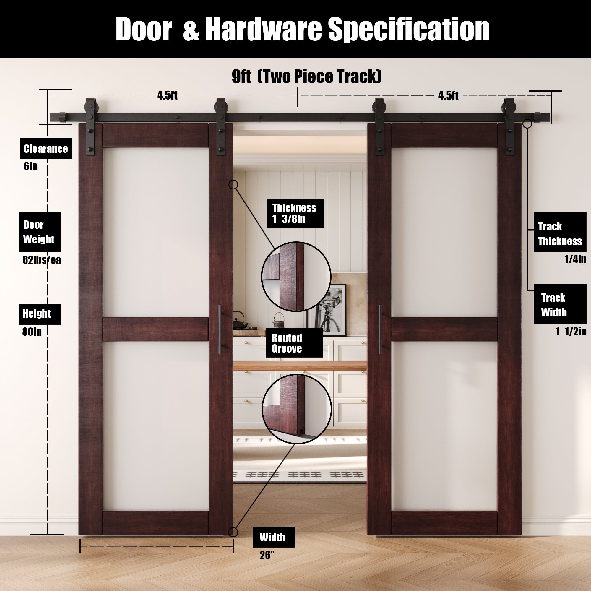 80" Height Red Mahogany 2-Lite Frosted Glass Double Unassembled & Finished Pine Wood Barn Doors with Non-Bypass Installation Hardware Kit (Interior Use Only)