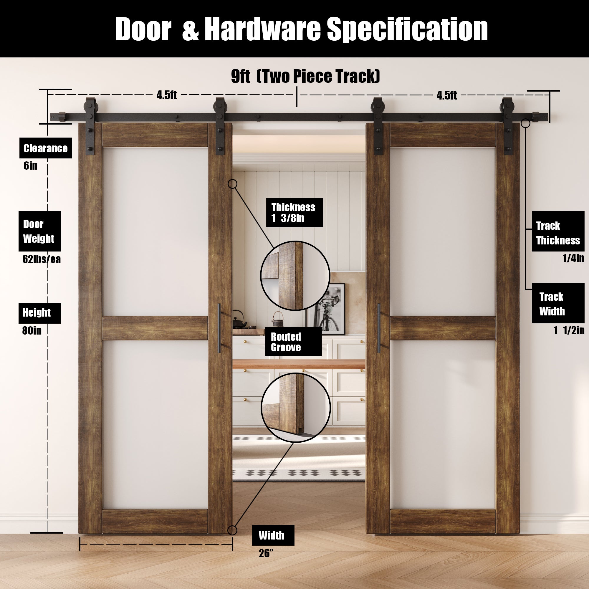 80" Height Dark Walnut 2-Lite Frosted Glass Double Unassembled & Finished Pine Wood Barn Doors with Non-Bypass Installation Hardware Kit (Interior Use Only)