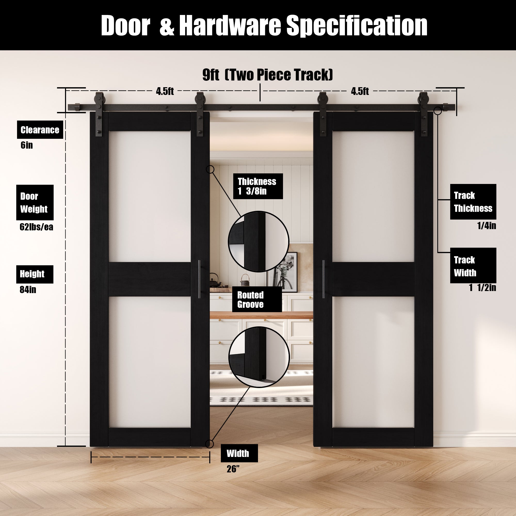 84" Height Black 2-Lite Frosted Glass Double Unassembled & Finished Pine Wood Barn Doors with Non-Bypass Installation Hardware Kit (Interior Use Only)