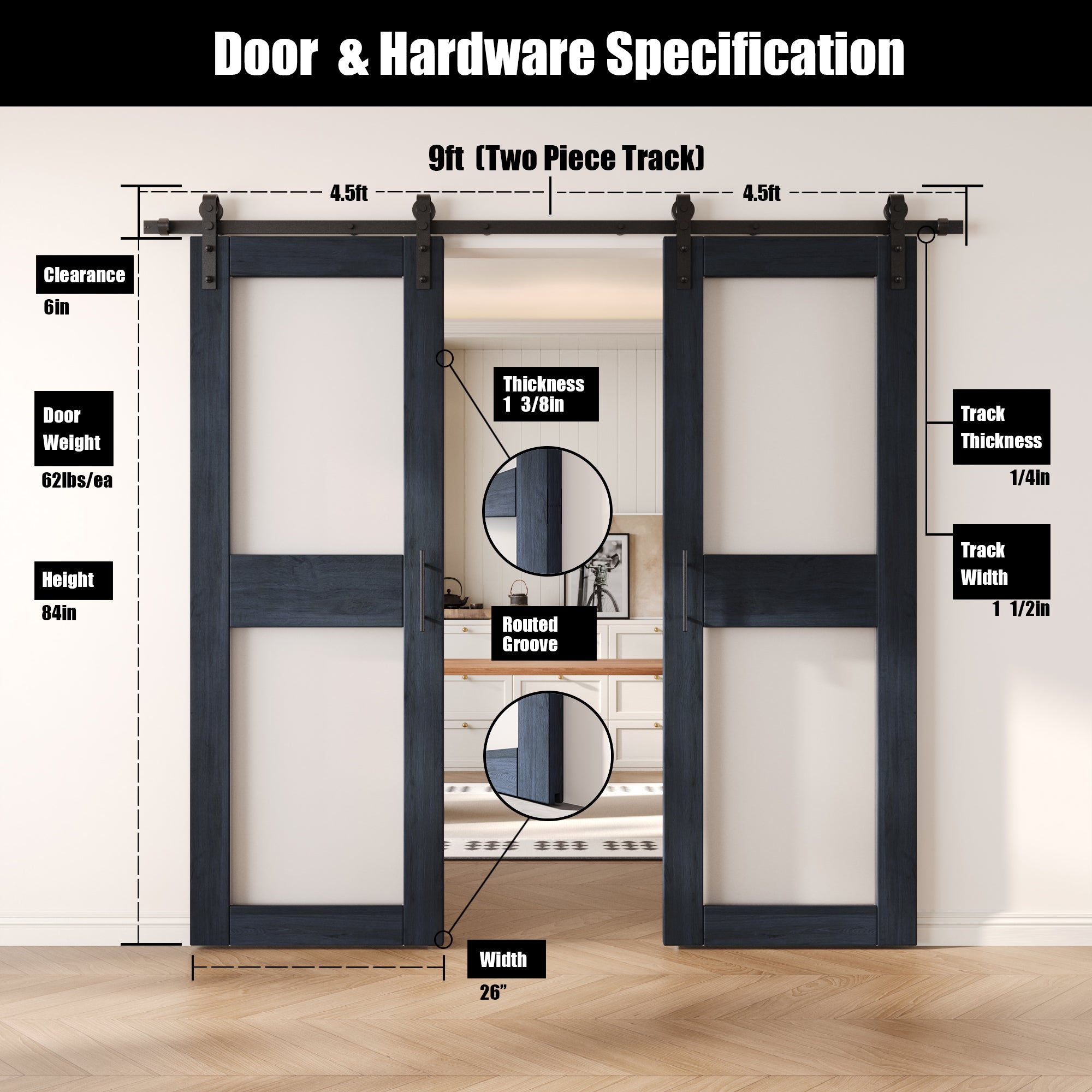 84" Height Navy 2-Lite Frosted Glass Double Unassembled & Finished Pine Wood Barn Doors with Non-Bypass Installation Hardware Kit (Interior Use Only)