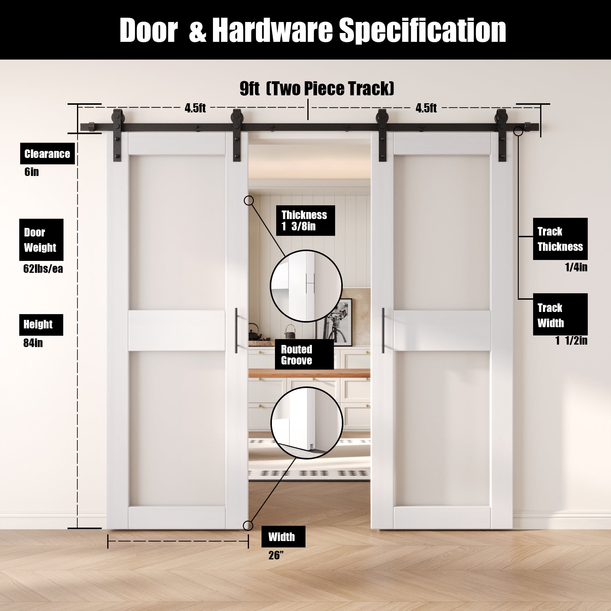 84" Height White 2-Lite Frosted Glass Double Unassembled & Finished Pine Wood Barn Doors with Non-Bypass Installation Hardware Kit (Interior Use Only)