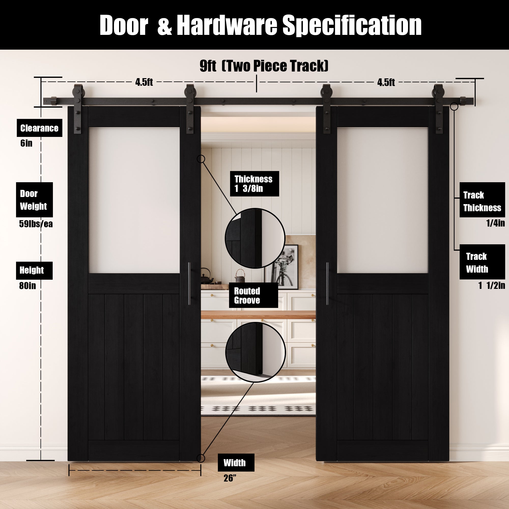 80" Height Black Half Lite Frosted Glass Double Unassembled & Finished Pine Wood Barn Door with Non-Bypass Installation Hardware Kit (Interior Use Only)