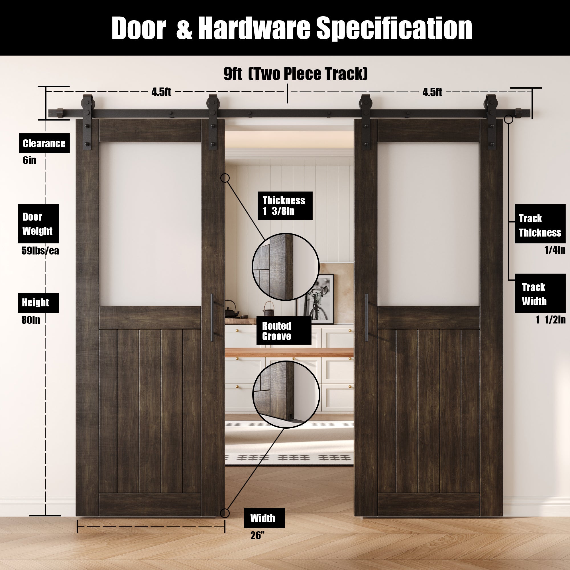 80" Height Ebony Half Lite Frosted Glass Double Unassembled & Finished Pine Wood Barn Door with Non-Bypass Installation Hardware Kit (Interior Use Only)