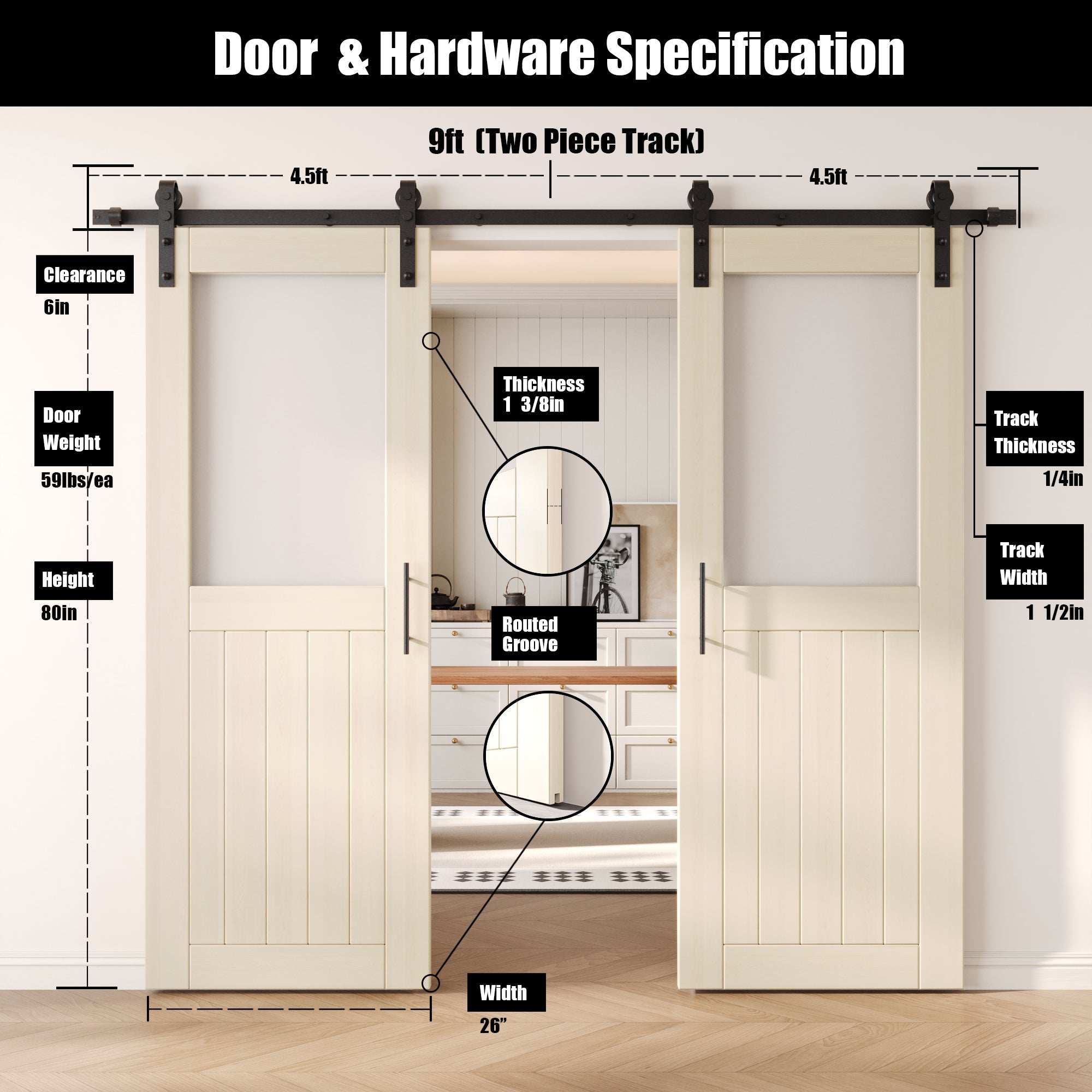 80" Height Tinsmith Gray Half Lite Frosted Glass Double Unassembled & Finished Pine Wood Barn Door with Non-Bypass Installation Hardware Kit (Interior Use Only)