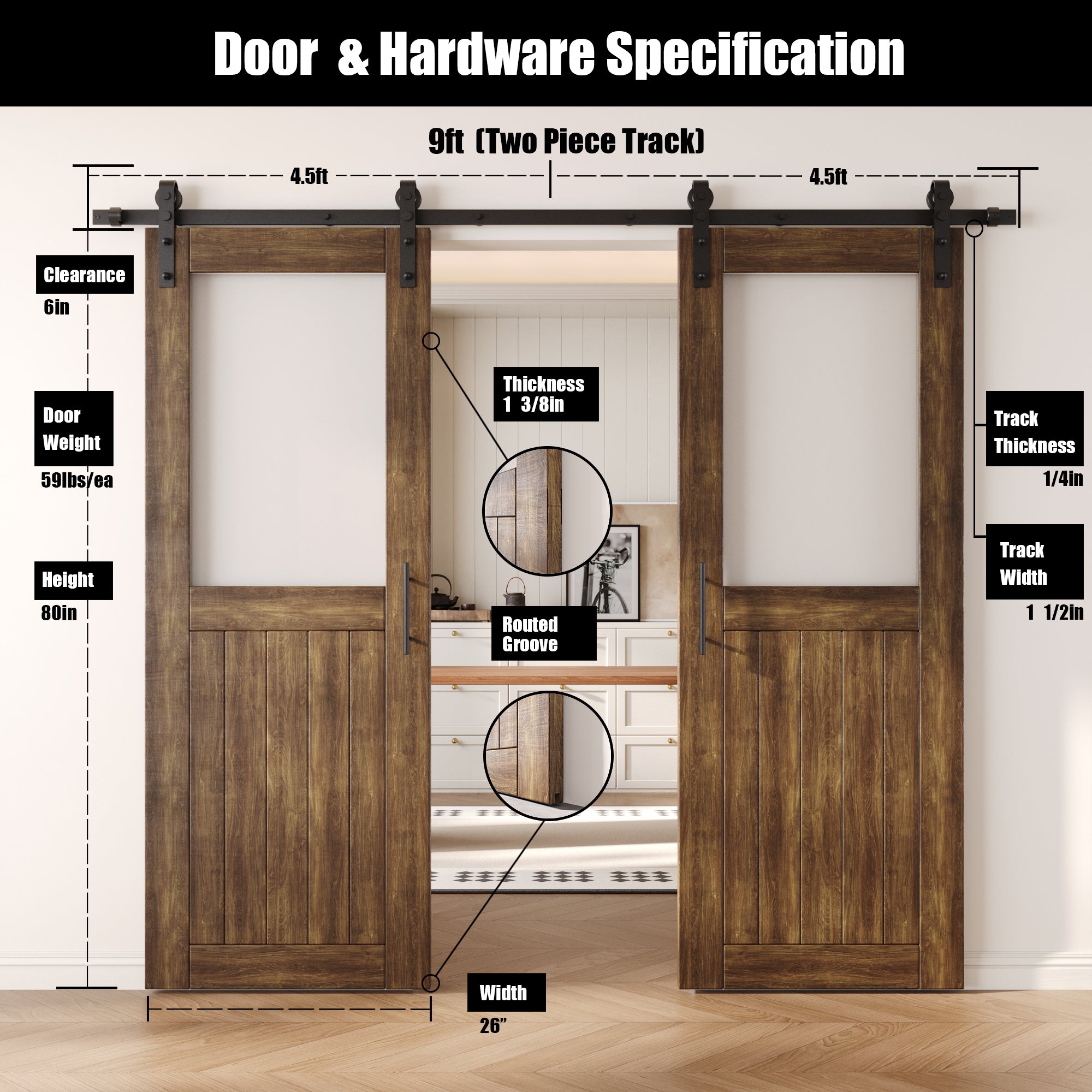 80" Height Dark Walnut Half Lite Frosted Glass Double Unassembled & Finished Pine Wood Barn Door with Non-Bypass Installation Hardware Kit (Interior Use Only)