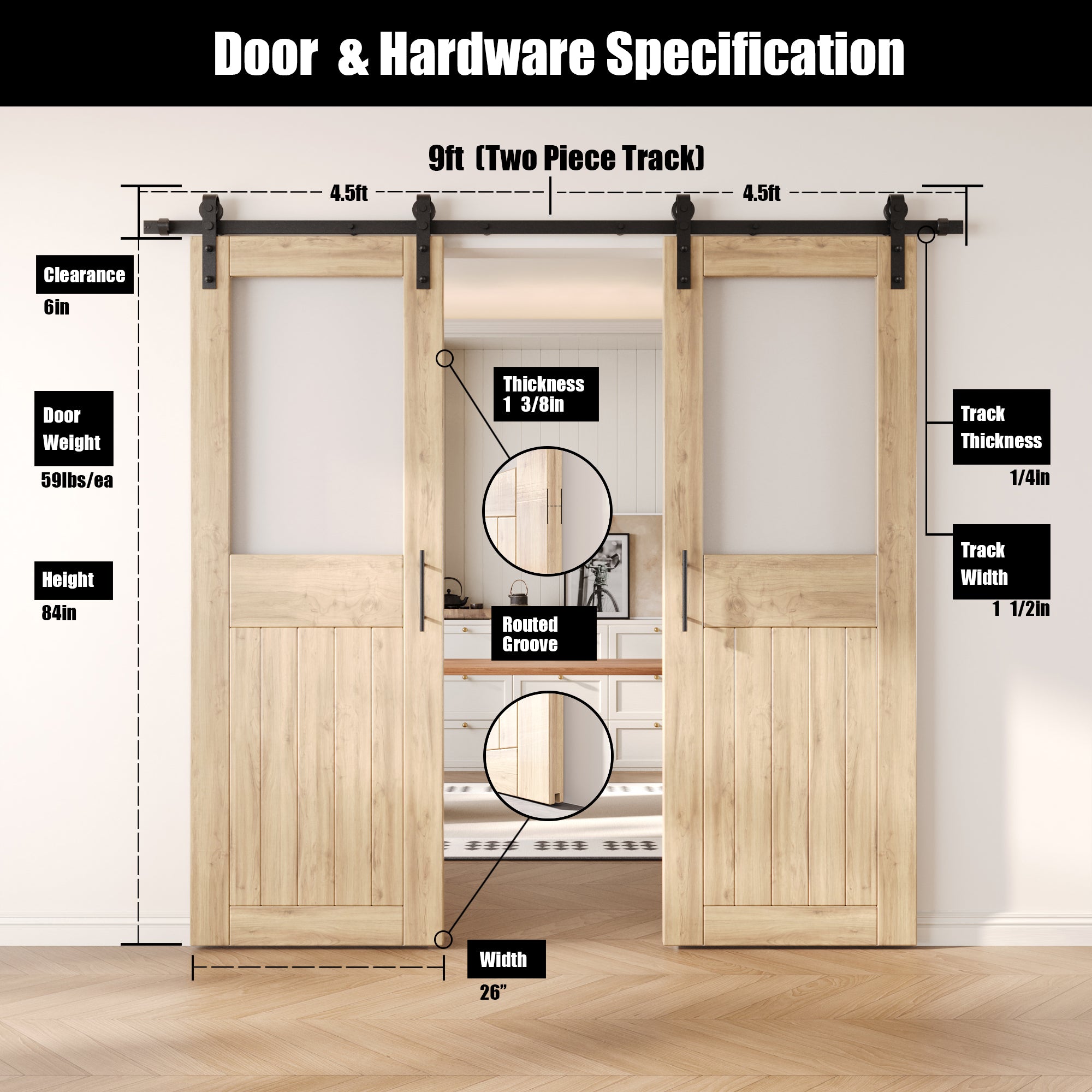 84" Height Half Lite Frosted Glass Double Unassembled & Unfinished Pine Wood Barn Door with Non-Bypass Installation Hardware Kit (Interior Use Only)