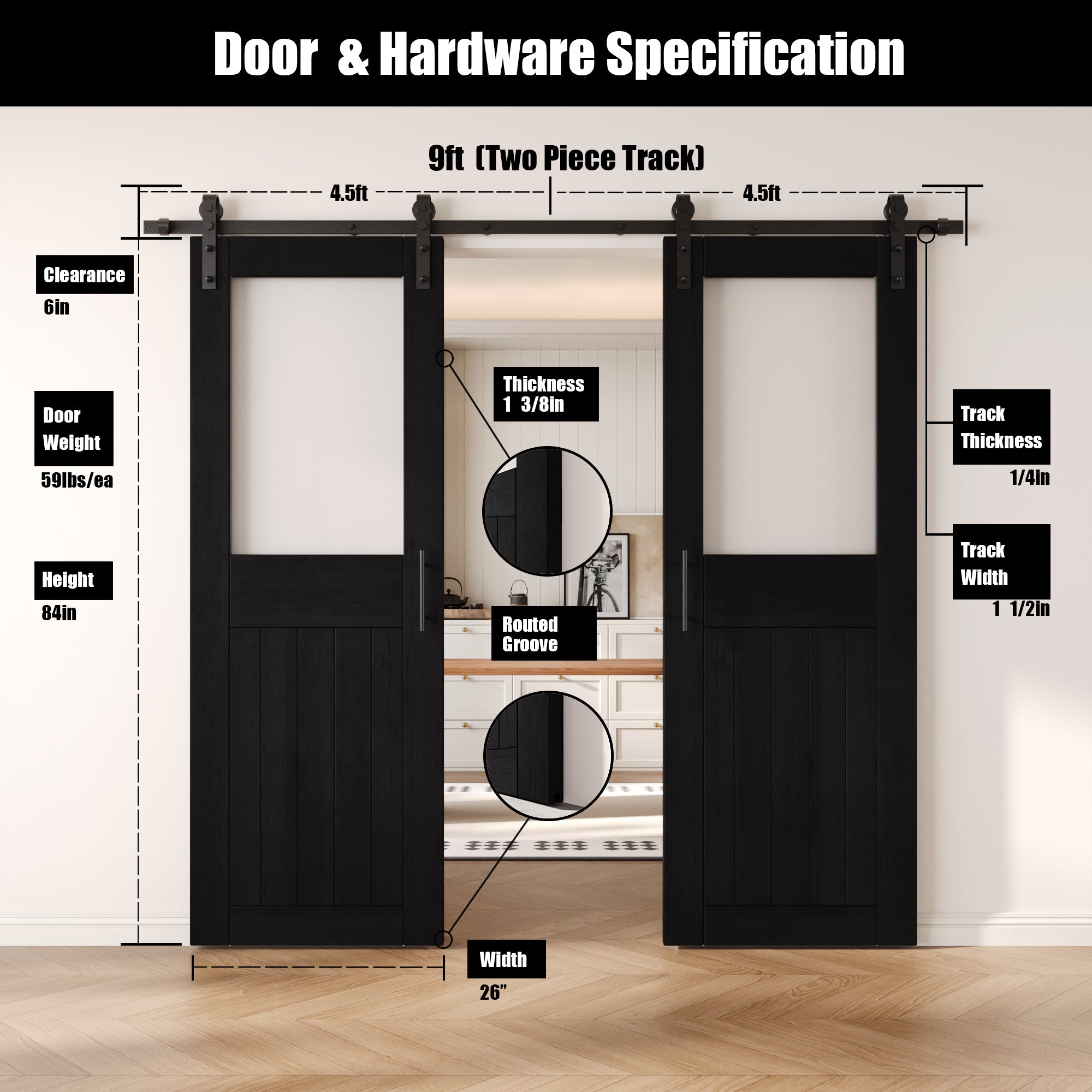 84" Height Black Half Lite Frosted Glass Double Unassembled & Finished Pine Wood Barn Door with Non-Bypass Installation Hardware Kit (Interior Use Only)