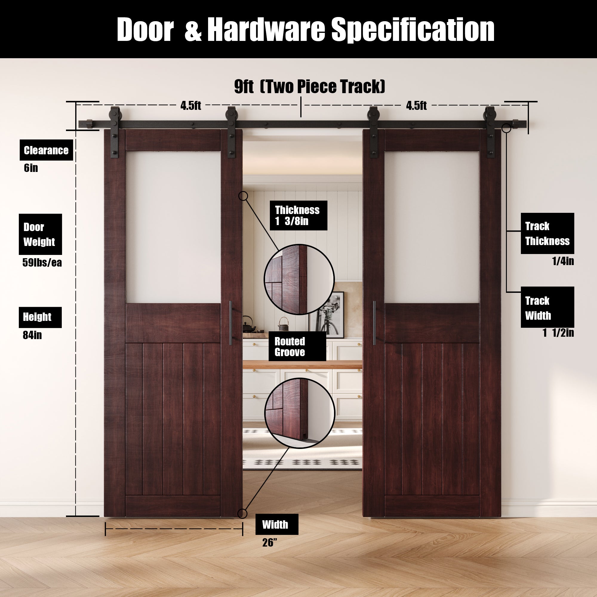 84" Height Red Mahogany Half Lite Frosted Glass Double Unassembled & Finished Pine Wood Barn Door with Non-Bypass Installation Hardware Kit (Interior Use Only)