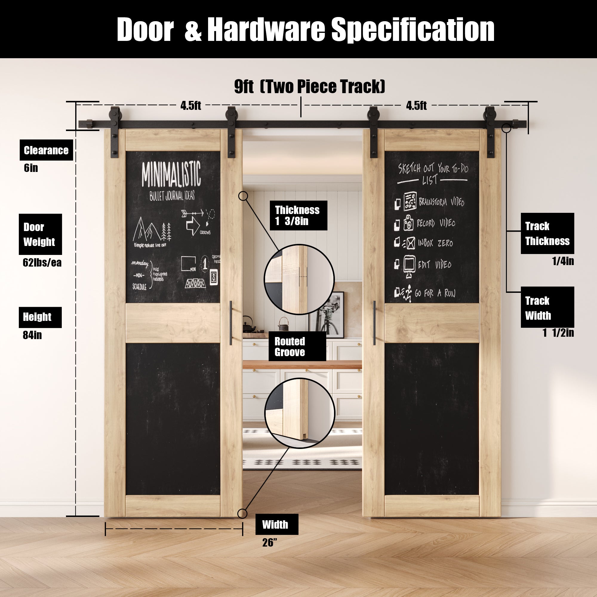 84" Height Chalkboard Design Double Unassembled & Unfinished Pine Wood Barn Doors with Non-Bypass Installation Hardware Kit (Interior Use Only)