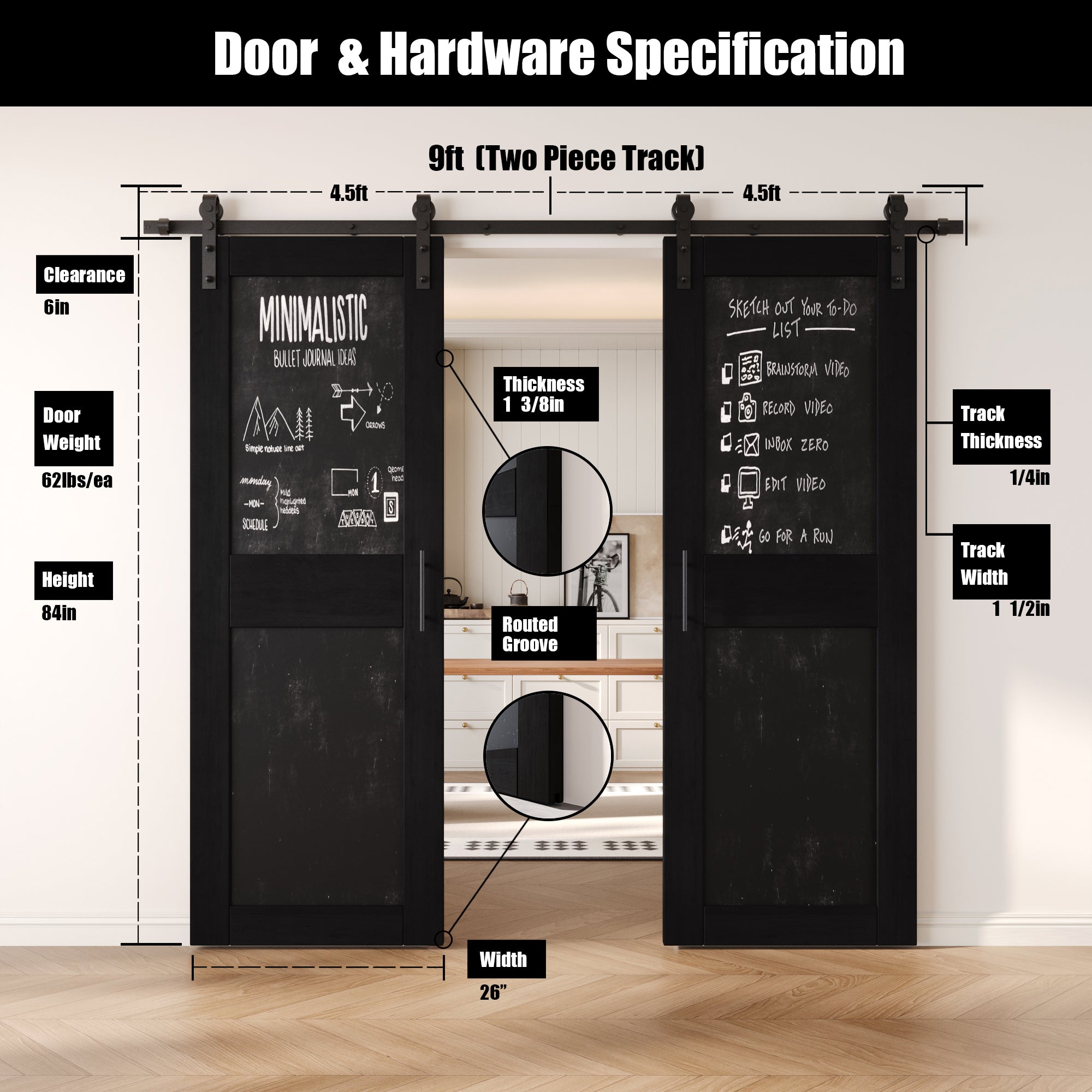 84" Height Black Chalkboard Design Double Unassembled & Finished Pine Wood Barn Doors with Non-Bypass Installation Hardware Kit (Interior Use Only)