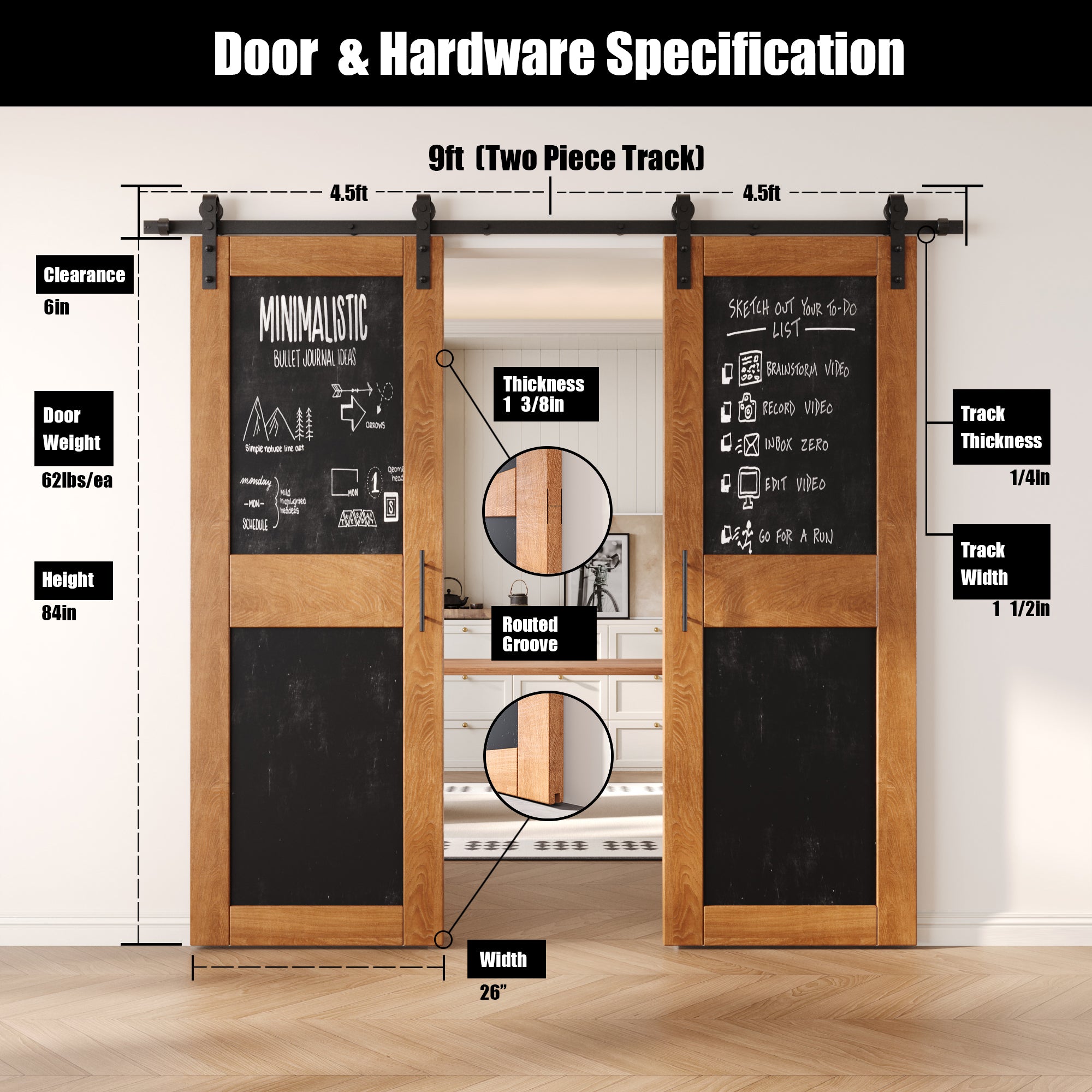 84" Height Early American Chalkboard Design Double Unassembled & Finished Pine Wood Barn Doors with Non-Bypass Installation Hardware Kit (Interior Use Only)