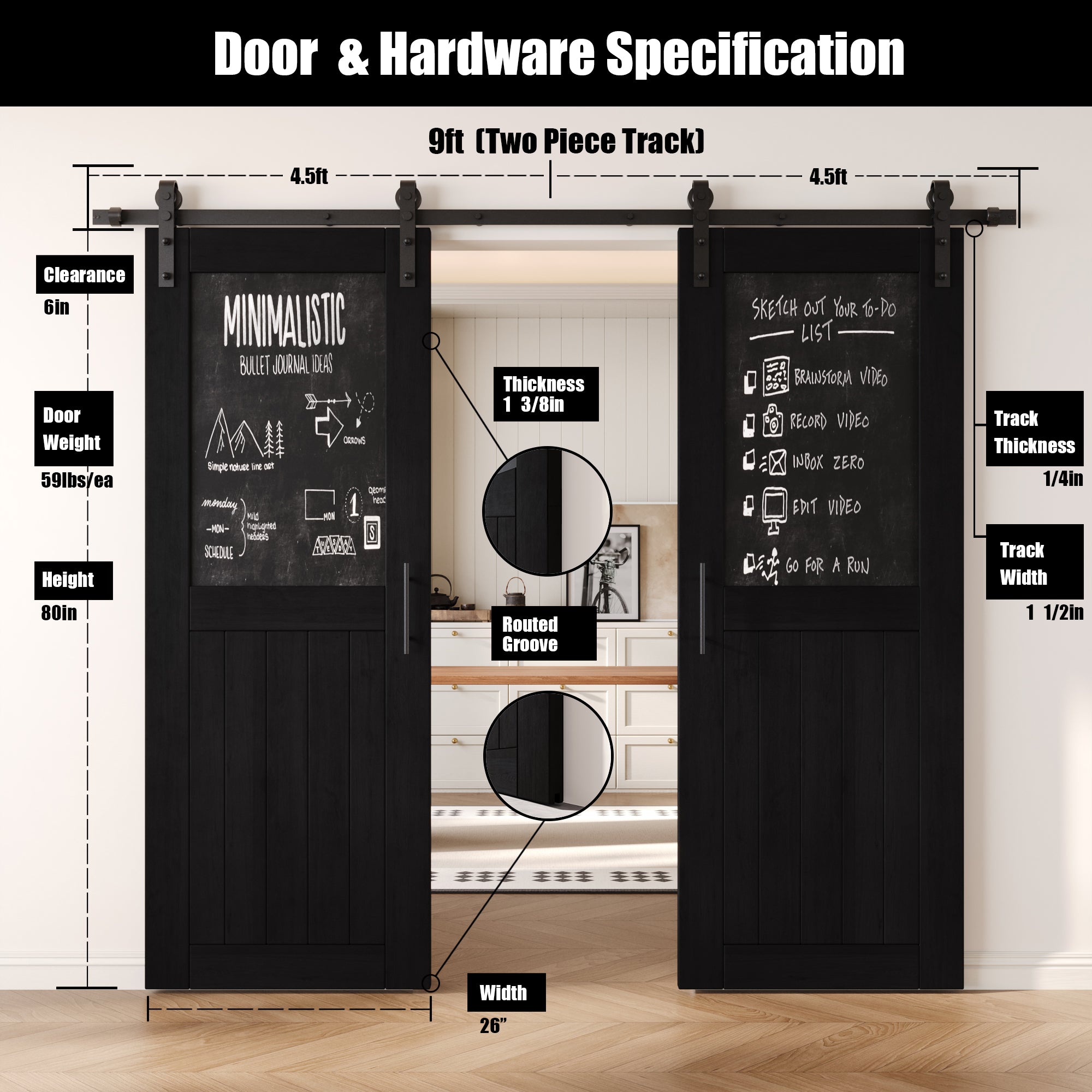 80" Height Black Top Chalkboard Panel Double Unassembled & Finished Pine Wood Barn Doors with Non-Bypass Installation Hardware Kit (Interior Use Only)