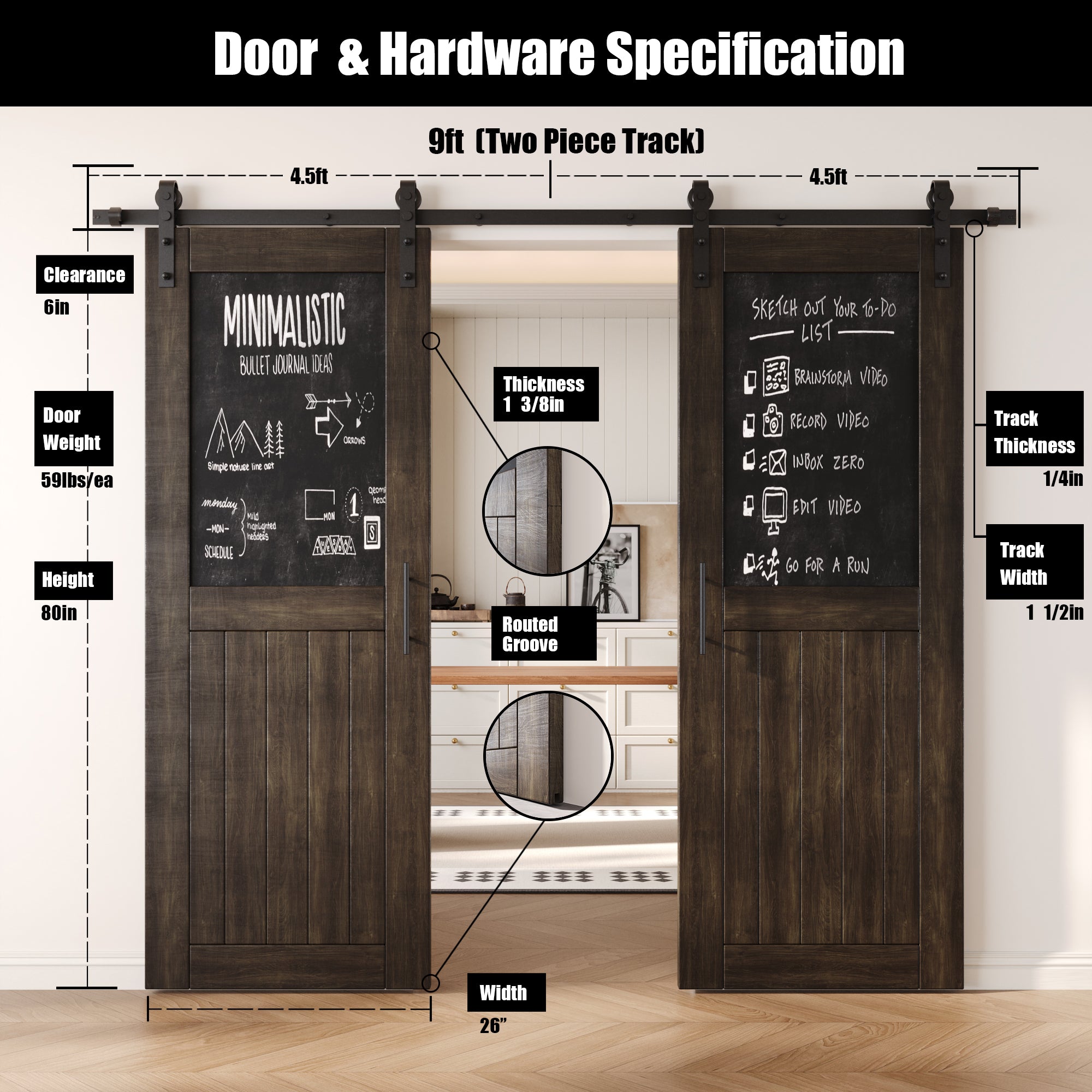 80" Height Ebony Top Chalkboard Panel Double Unassembled & Finished Pine Wood Barn Doors with Non-Bypass Installation Hardware Kit (Interior Use Only)
