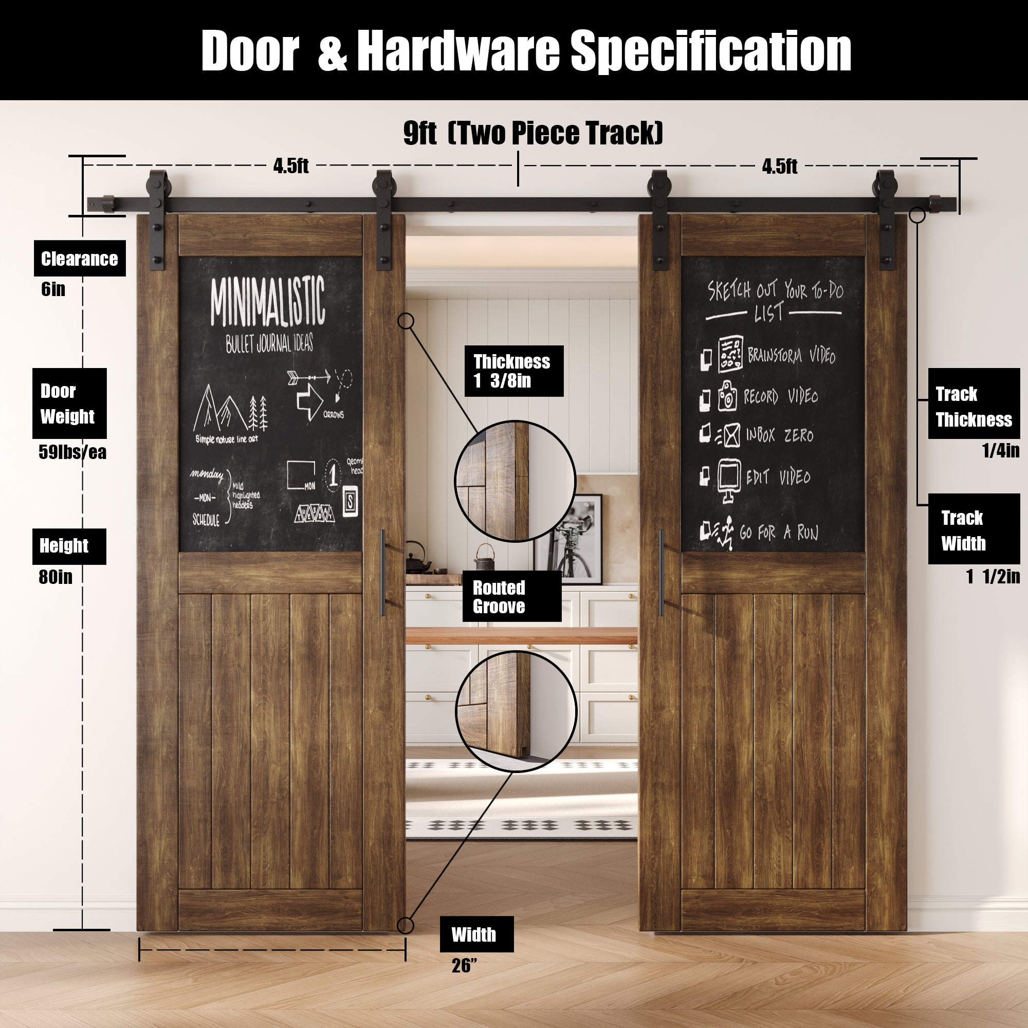 80" Height Dark Walnut Top Chalkboard Panel Double Unassembled & Finished Pine Wood Barn Doors with Non-Bypass Installation Hardware Kit (Interior Use Only)