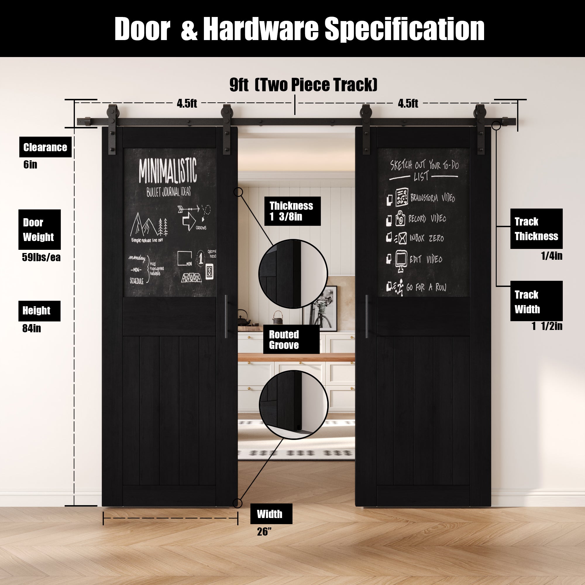 84" Height Black Top Chalkboard Panel Double Unassembled & Finished Pine Wood Barn Doors with Non-Bypass Installation Hardware Kit (Interior Use Only)