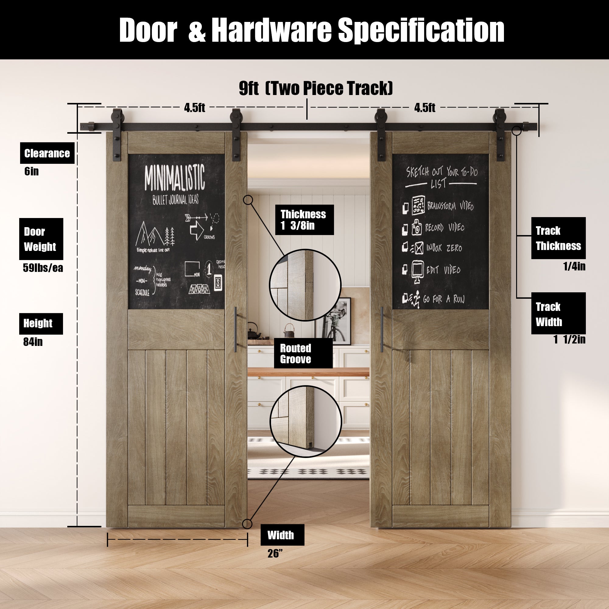 84" Height Classic Gray Top Chalkboard Panel Double Unassembled & Finished Pine Wood Barn Doors with Non-Bypass Installation Hardware Kit (Interior Use Only)