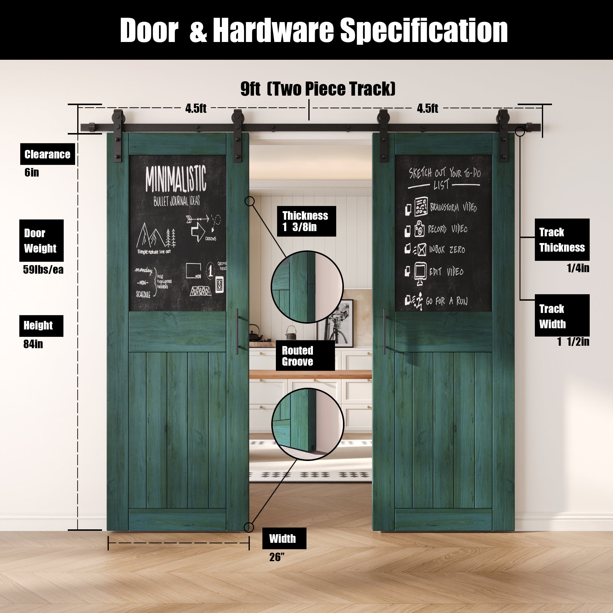 84" Height Royal Pine Top Chalkboard Panel Double Unassembled & Finished Pine Wood Barn Doors with Non-Bypass Installation Hardware Kit (Interior Use Only)