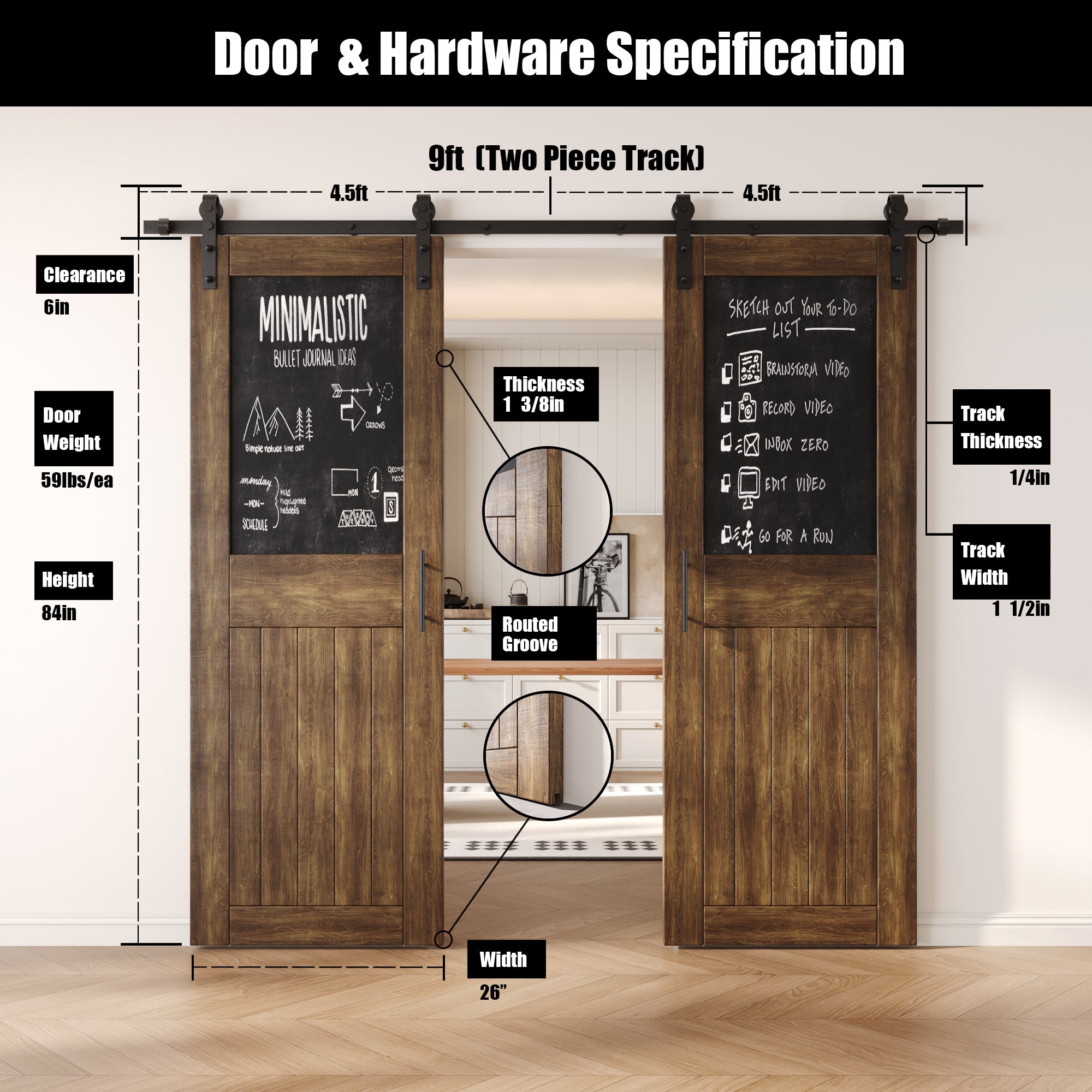 84" Height Dark Walnut Top Chalkboard Panel Double Unassembled & Finished Pine Wood Barn Doors with Non-Bypass Installation Hardware Kit (Interior Use Only)