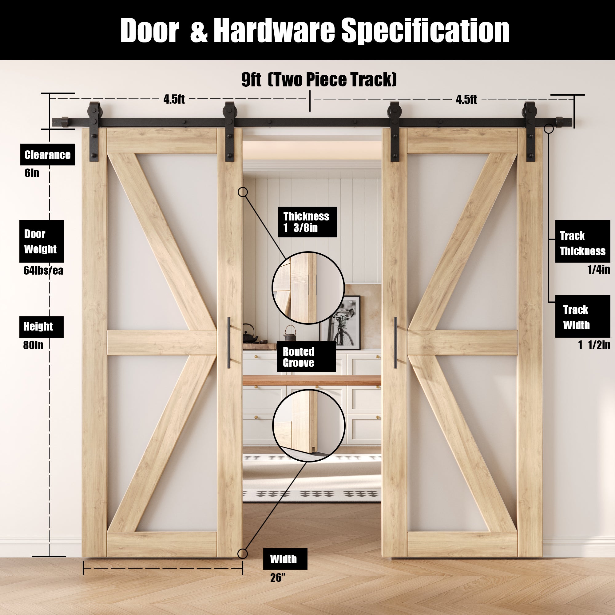 80" Height Arrow Pattern Glass Double Unassembled & Unfinished Pine Wood Barn Doors with Non-Bypass Installation Hardware Kit (Interior Use Only)