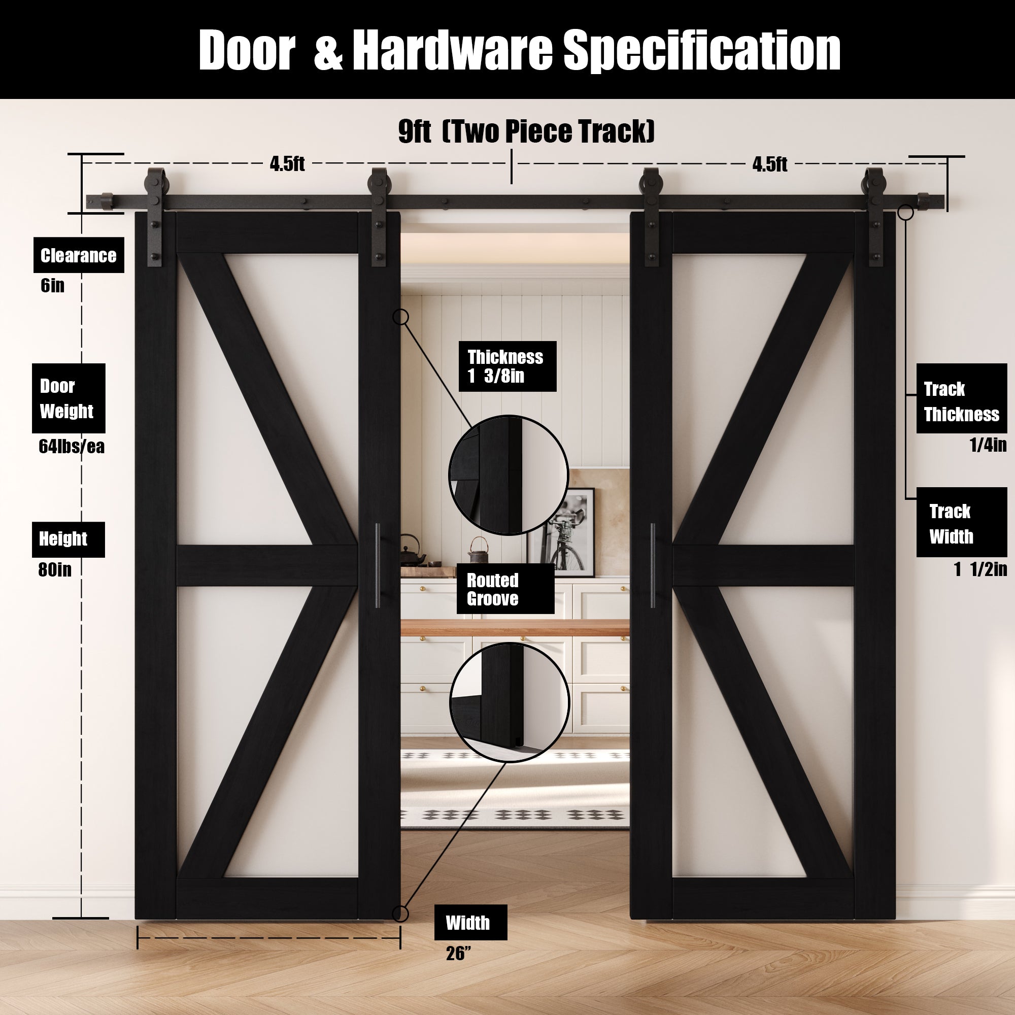 80" Height Black Frosted Glass Arrow Design Double Unassembled & Finished Pine Wood Barn Doors with Non-Bypass Installation Hardware Kit (Interior Use Only)