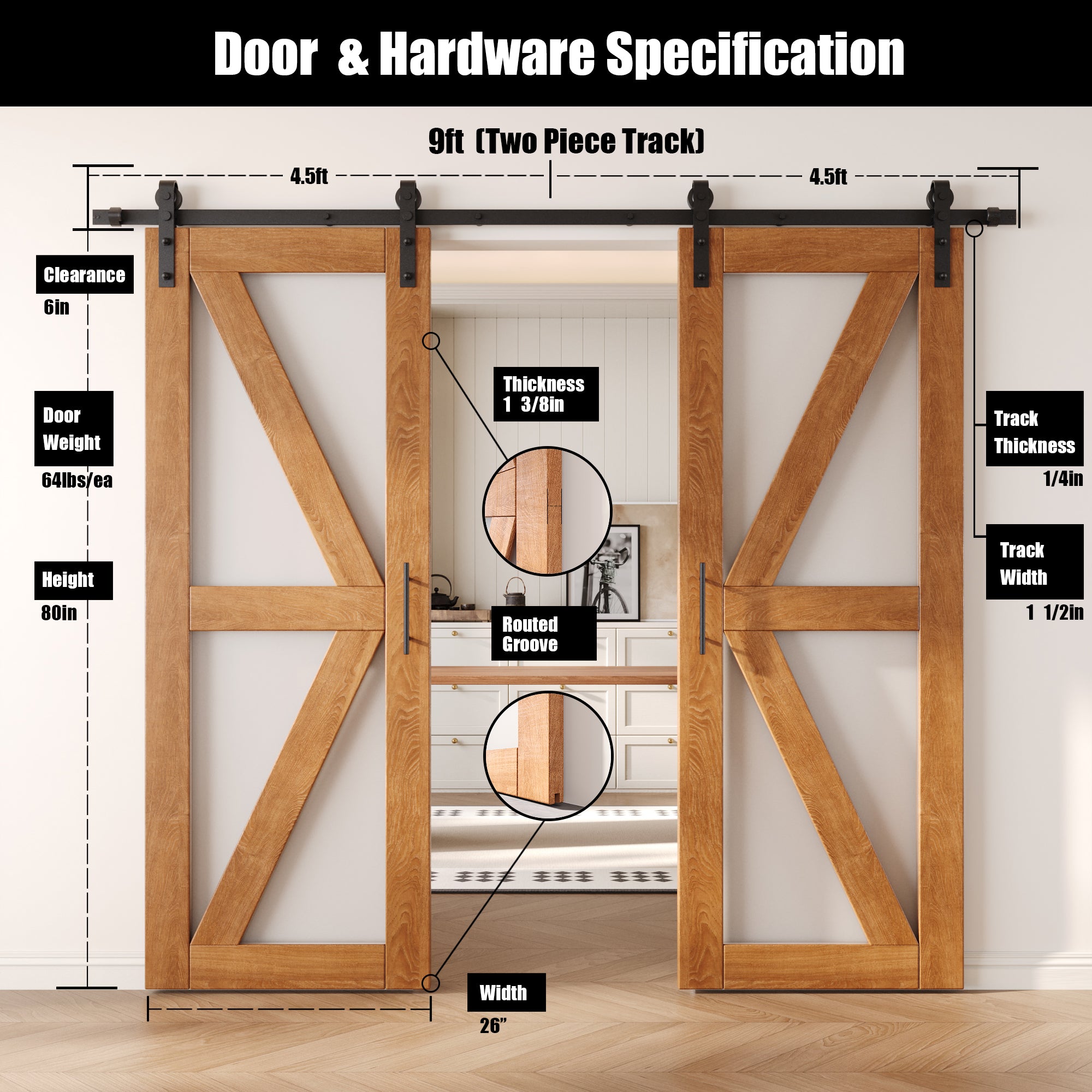 80" Height Early American Frosted Glass Arrow Design Double Unassembled & Finished Pine Wood Barn Doors with Non-Bypass Installation Hardware Kit (Interior Use Only)