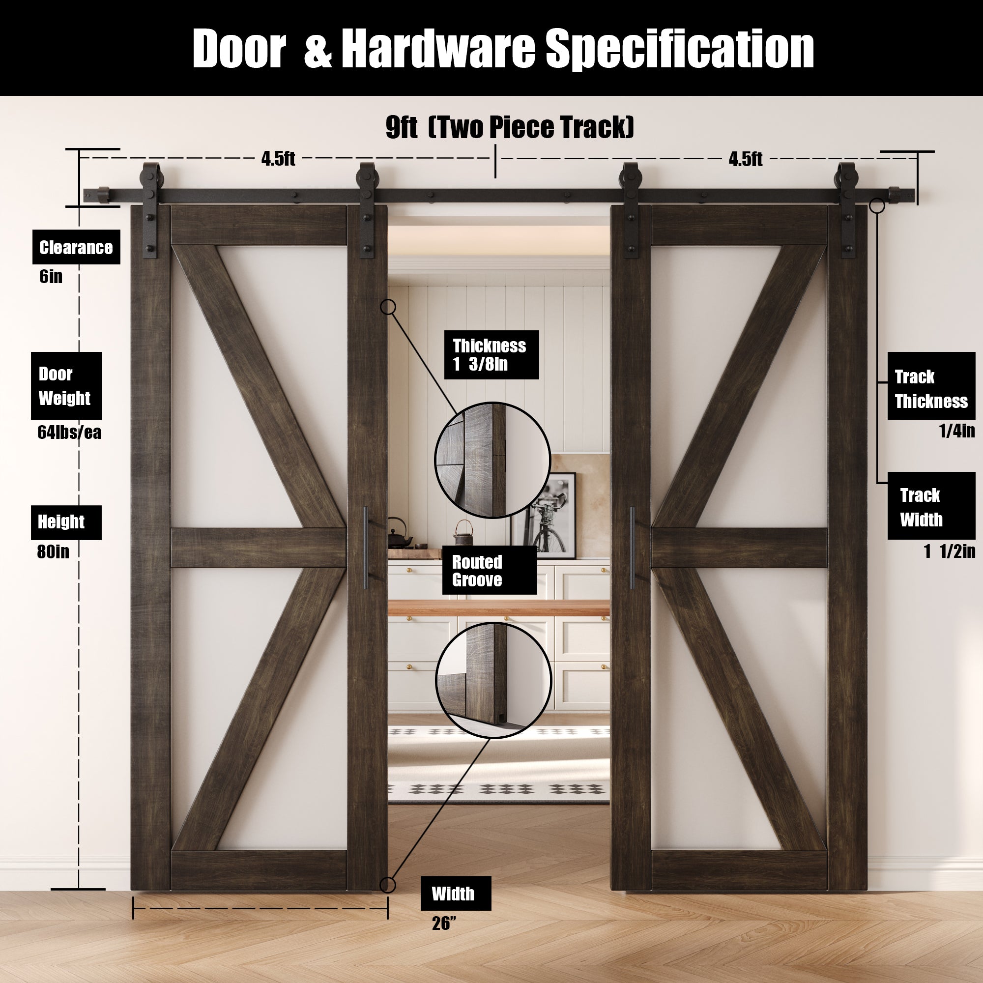 80" Height Ebony Frosted Glass Arrow Design Double Unassembled & Finished Pine Wood Barn Doors with Non-Bypass Installation Hardware Kit (Interior Use Only)
