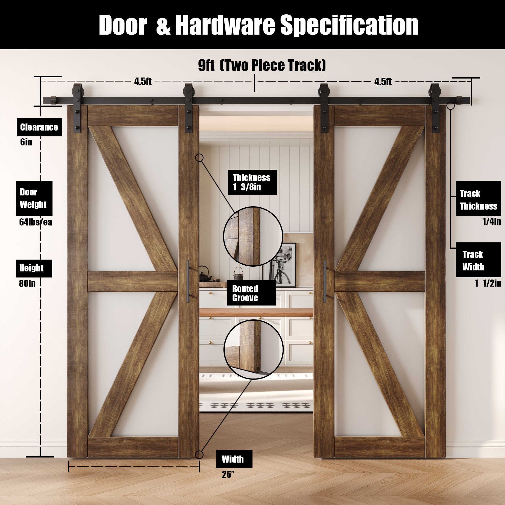 80" Height Dark Walnut Arrow Pattern Glass Double Unassembled & Finished Pine Wood Barn Doors with Non-Bypass Installation Hardware Kit (Interior Use Only)