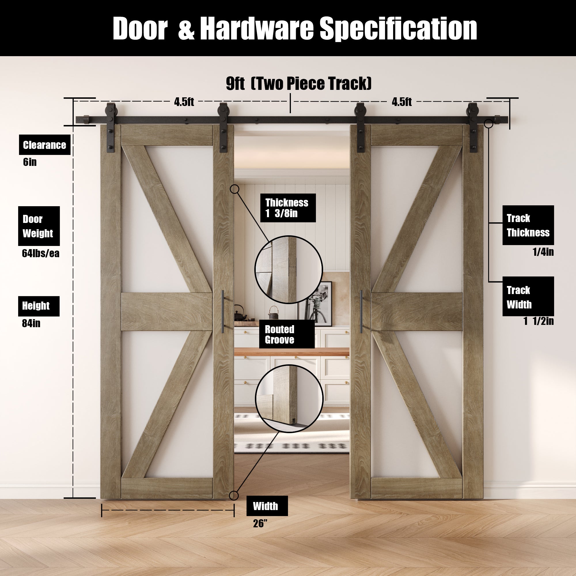 84" Height Classic Gray Arrow Pattern Glass Double Unassembled & Finished Pine Wood Barn Doors with Non-Bypass Installation Hardware Kit (Interior Use Only)