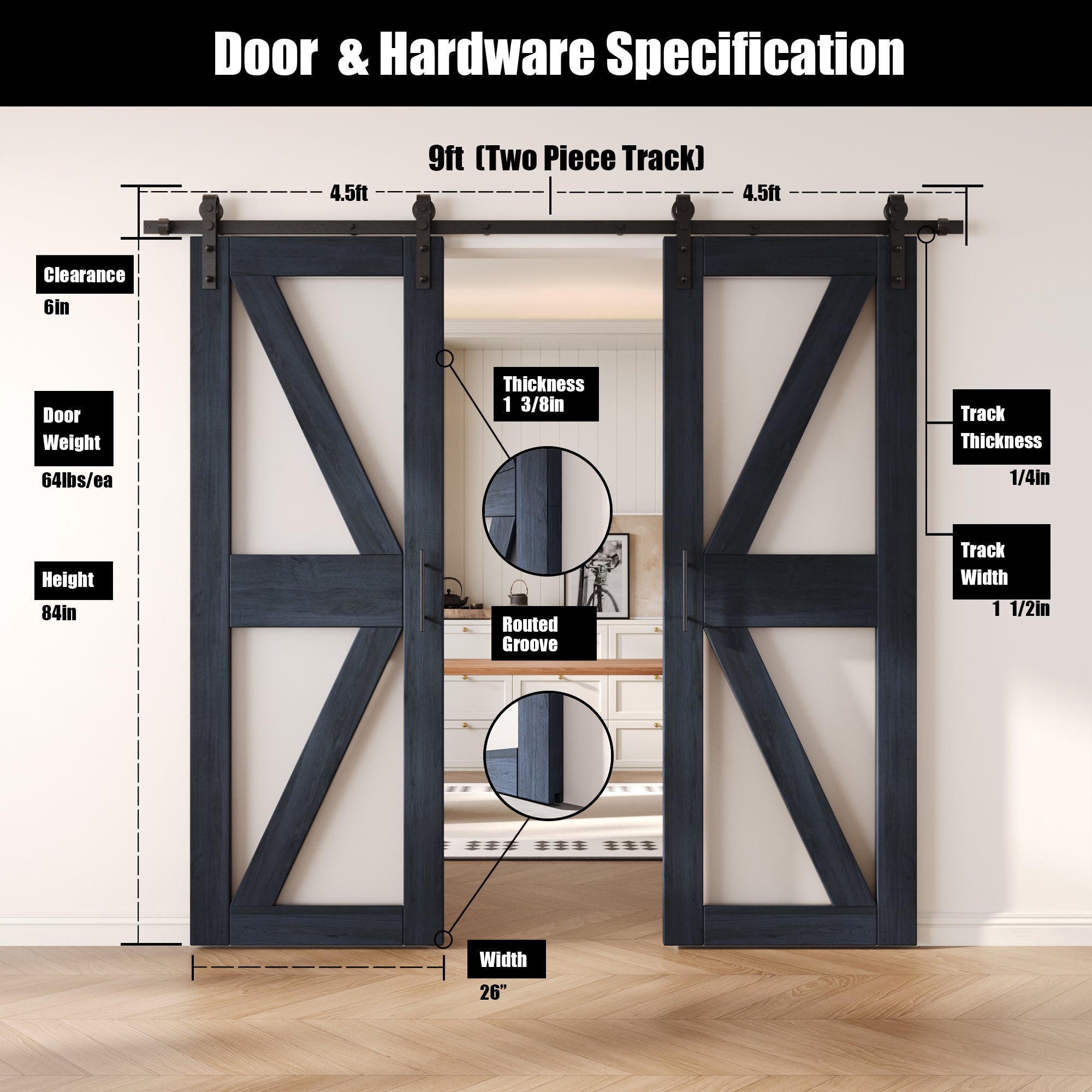 84" Height Navy Arrow Pattern Glass Double Unassembled & Finished Pine Wood Barn Doors with Non-Bypass Installation Hardware Kit (Interior Use Only)