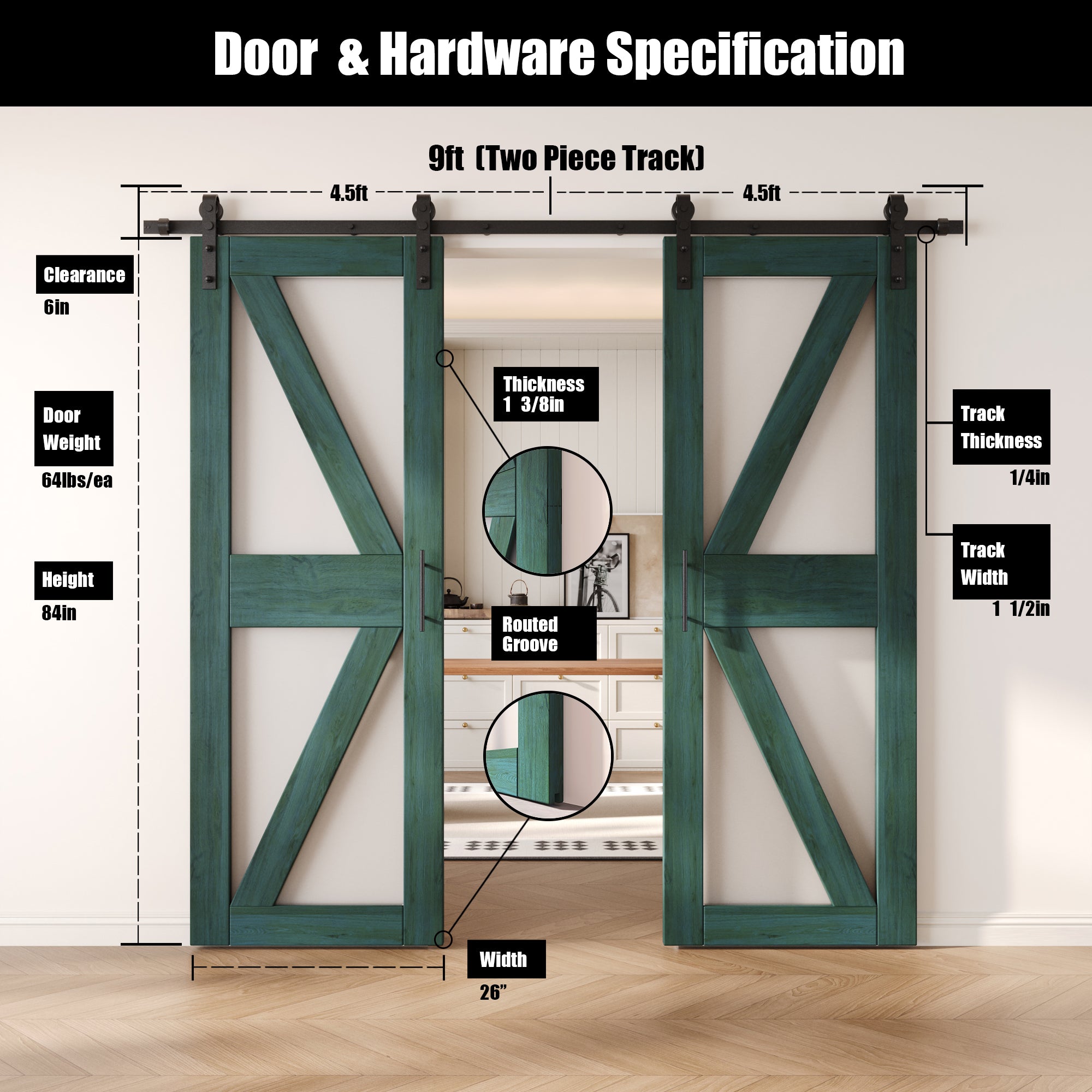 84" Height Royal Pine Arrow Pattern Glass Double Unassembled & Finished Pine Wood Barn Doors with Non-Bypass Installation Hardware Kit (Interior Use Only)