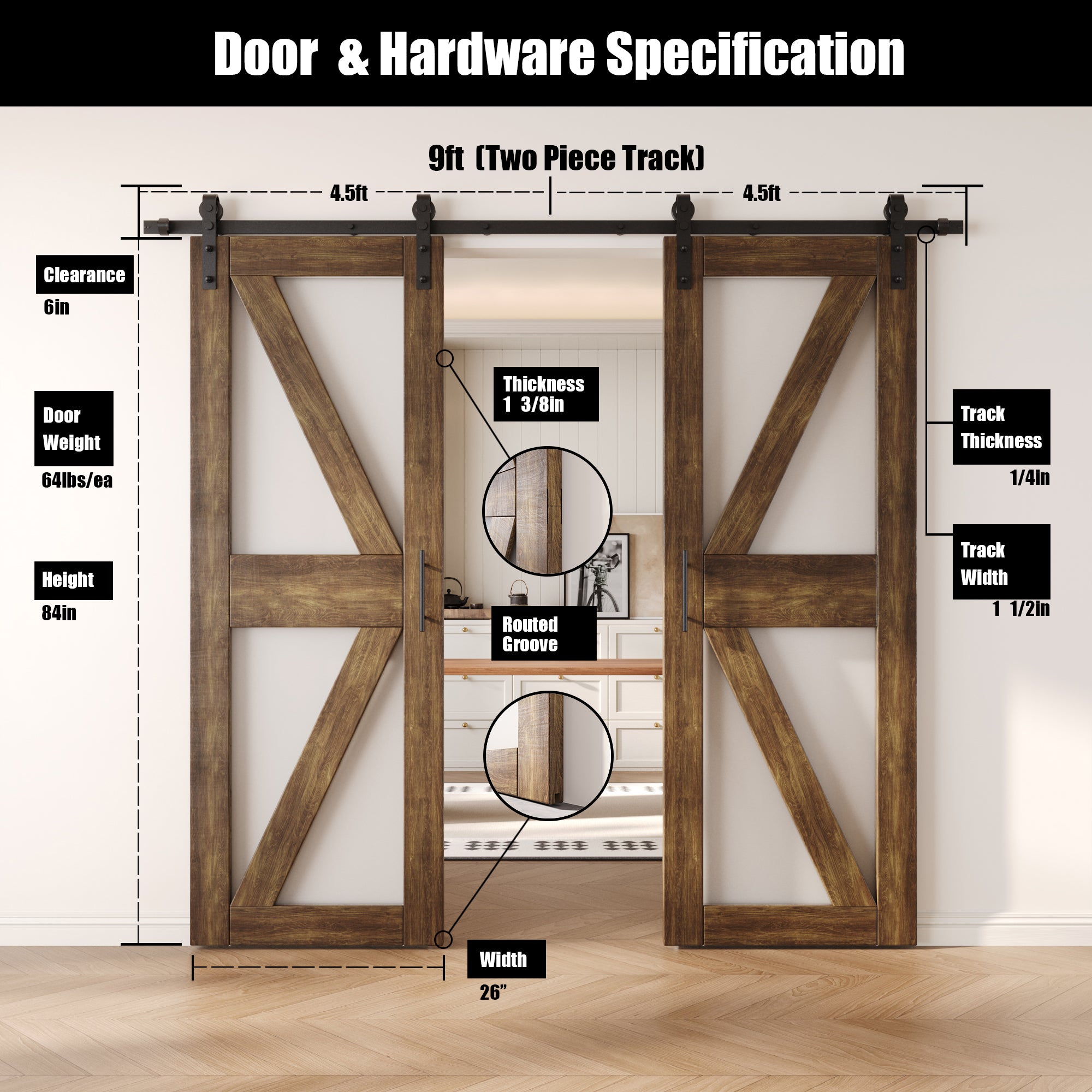 84" Height Dark Walnut Arrow Pattern Glass Double Unassembled & Finished Pine Wood Barn Doors with Non-Bypass Installation Hardware Kit (Interior Use Only)