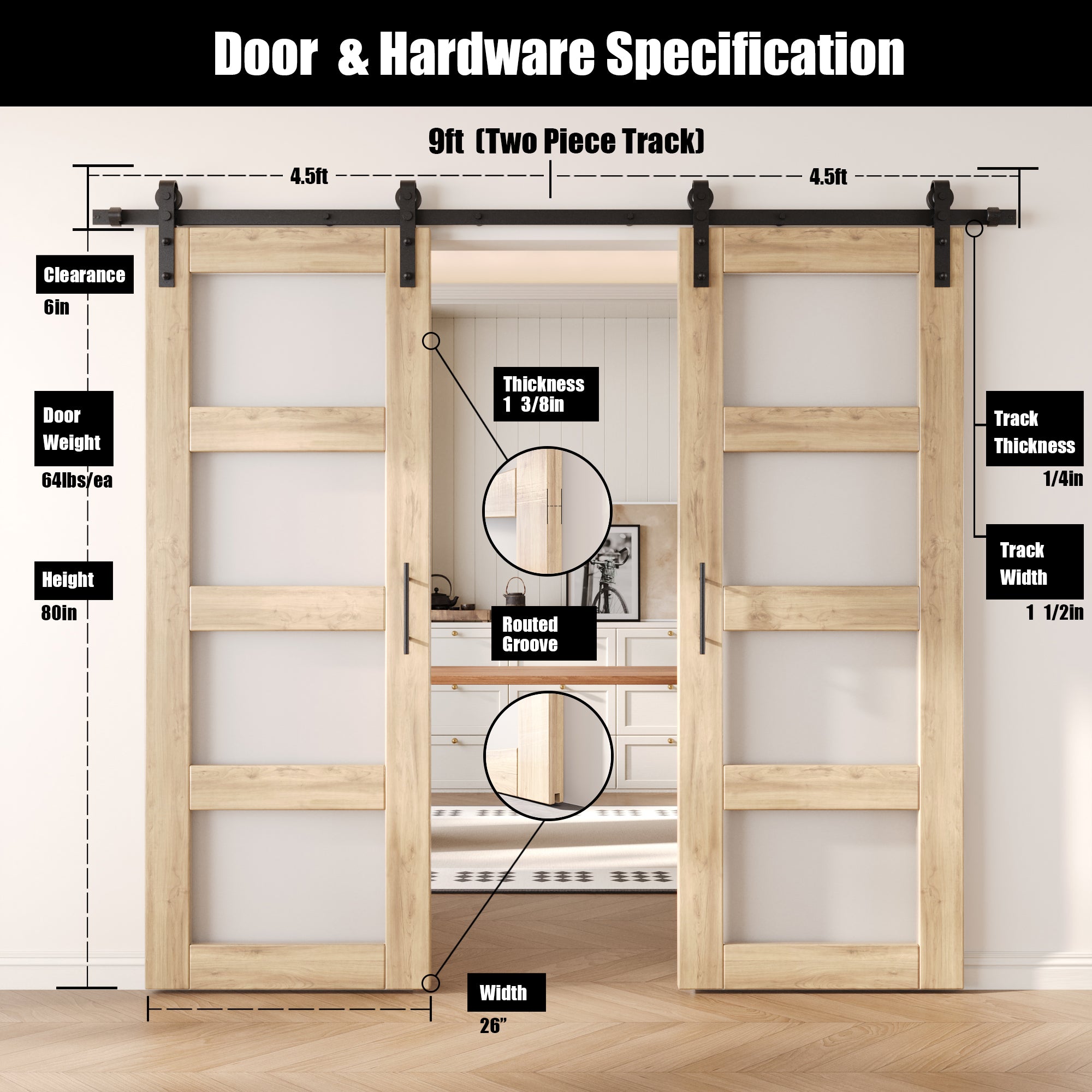 80" Height 4-Lite Frosted Glass Double Unassembled & Unfinished Pine Wood Barn Doors with Non-Bypass Installation Hardware Kit (Interior Use Only)