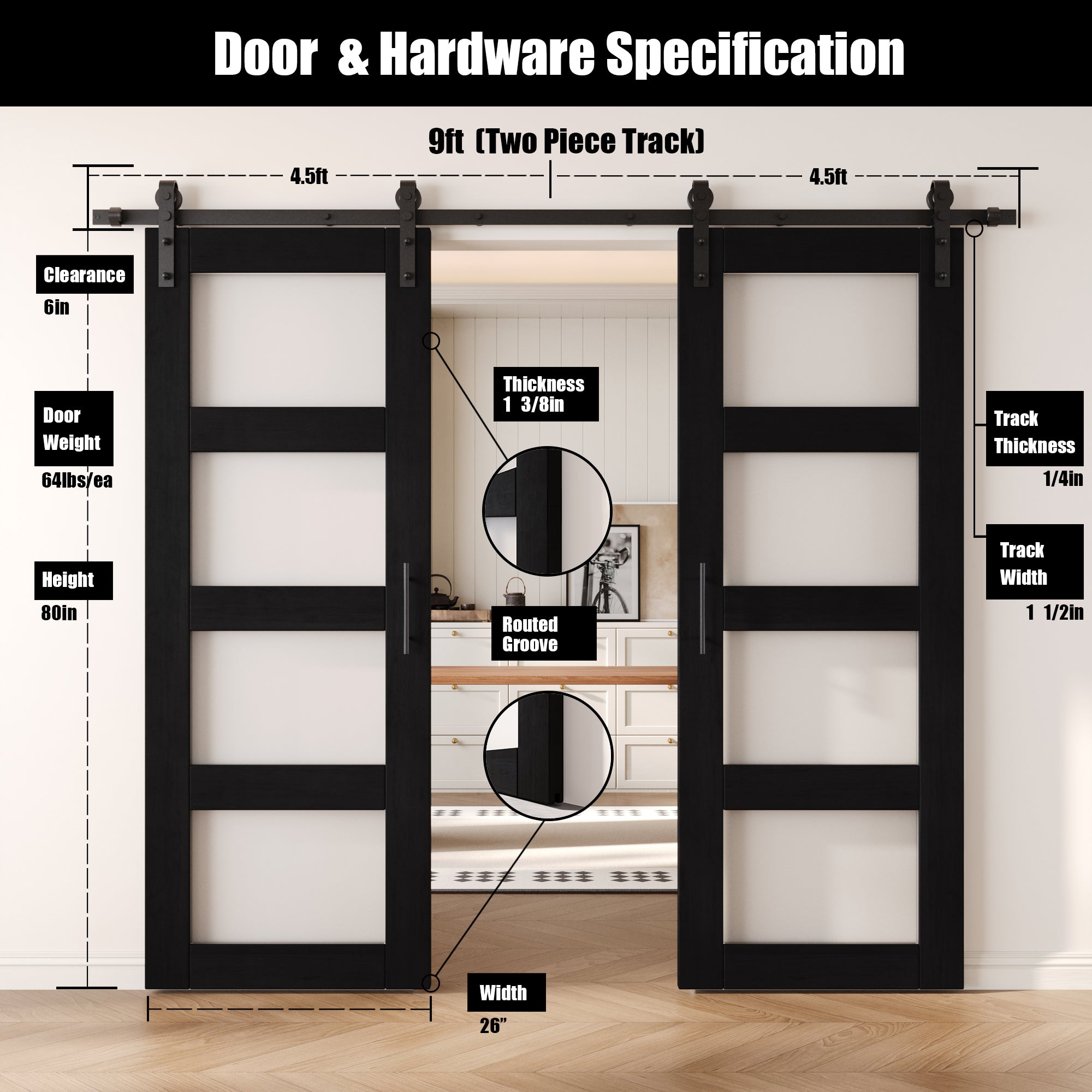 80" Height Black 4-Lite Frosted Glass Double Unassembled & Finished Pine Wood Barn Doors with Non-Bypass Installation Hardware Kit (Interior Use Only)