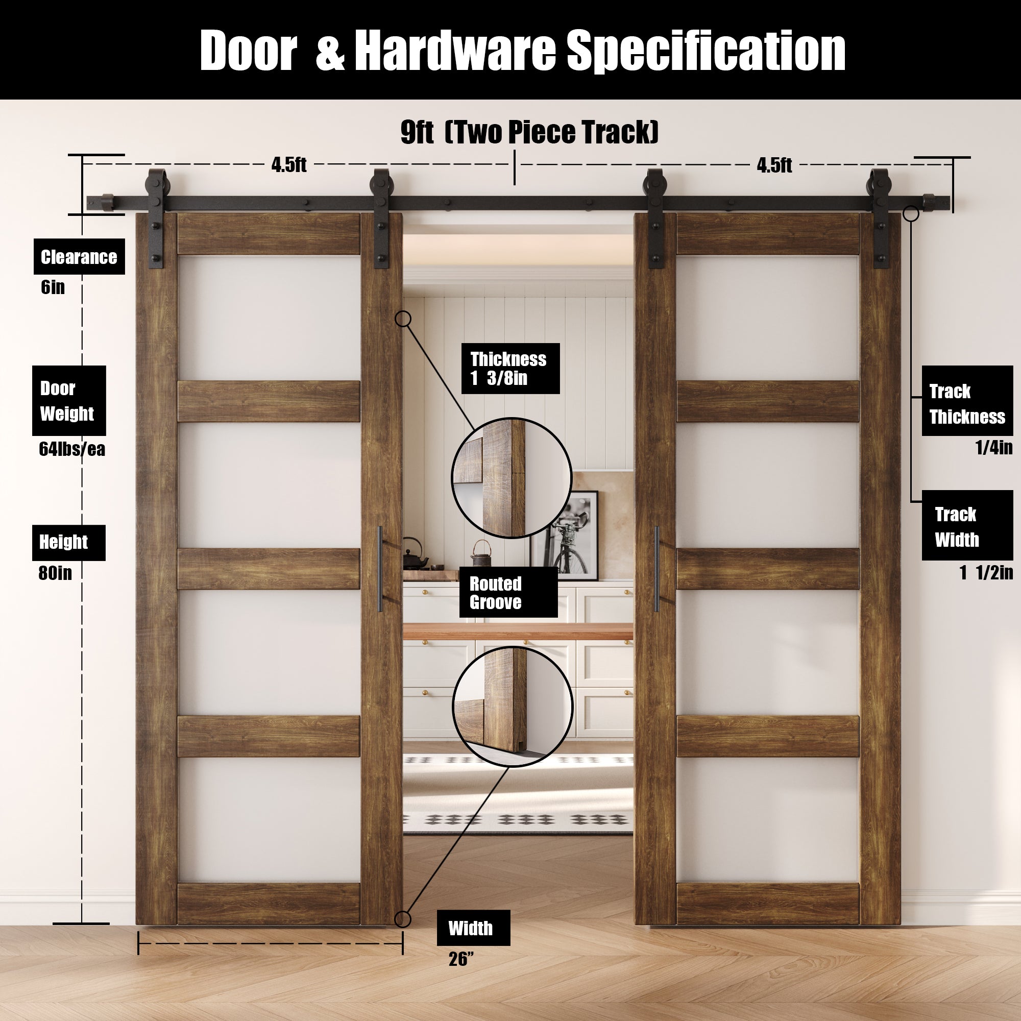 80" Height Dark Walnut 4-Lite Frosted Glass Double Unassembled & Finished Pine Wood Barn Doors with Non-Bypass Installation Hardware Kit (Interior Use Only)