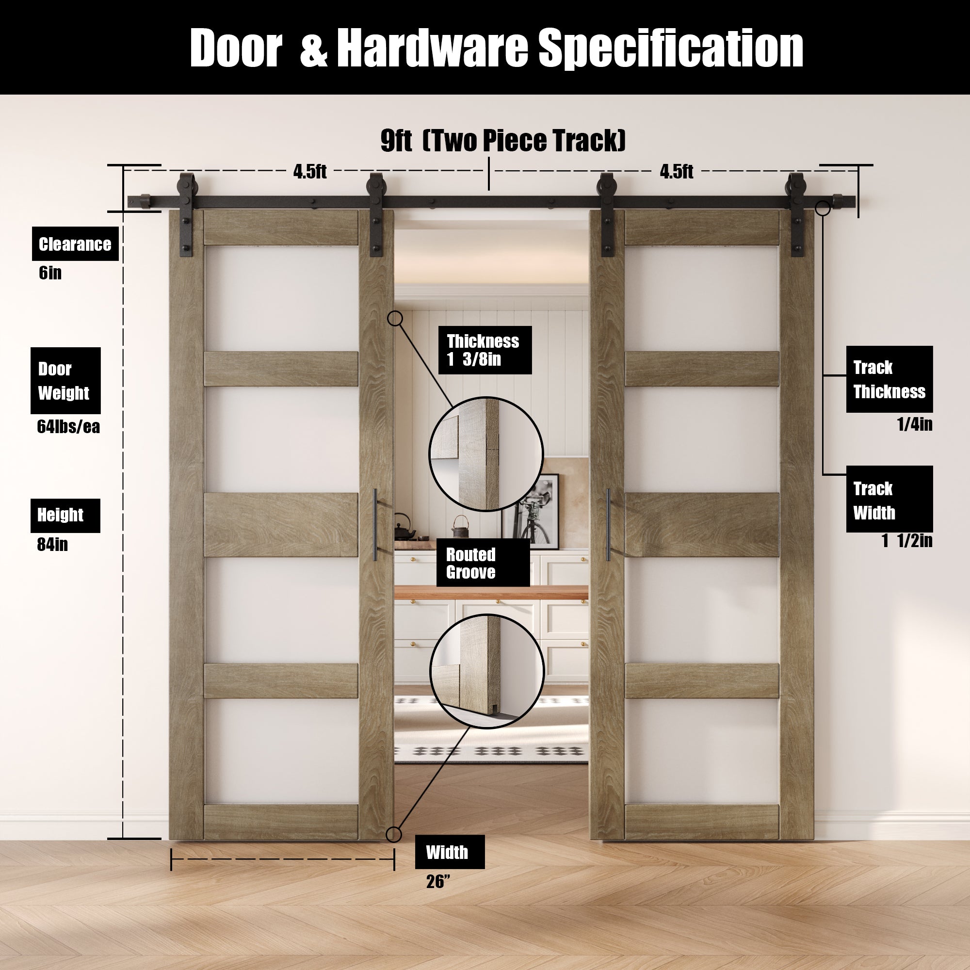 84" Height Classic Gray 4-Lite Frosted Glass Double Unassembled & Finished Pine Wood Barn Doors with Non-Bypass Installation Hardware Kit (Interior Use Only)