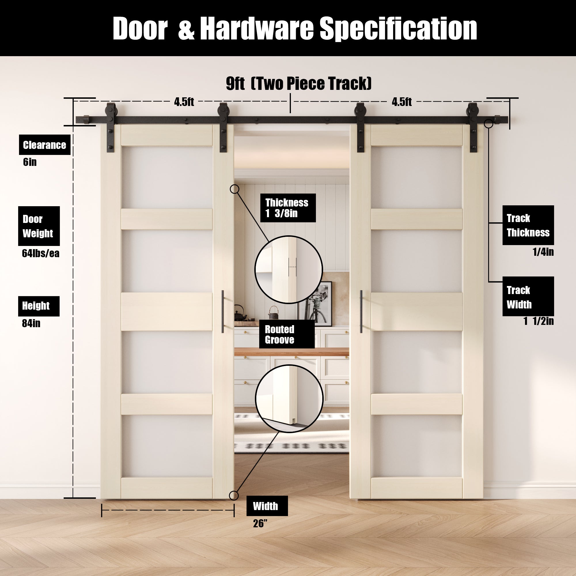 84" Height Tinsmith Gray 4-Lite Frosted Glass Double Unassembled & Finished Pine Wood Barn Doors with Non-Bypass Installation Hardware Kit (Interior Use Only)