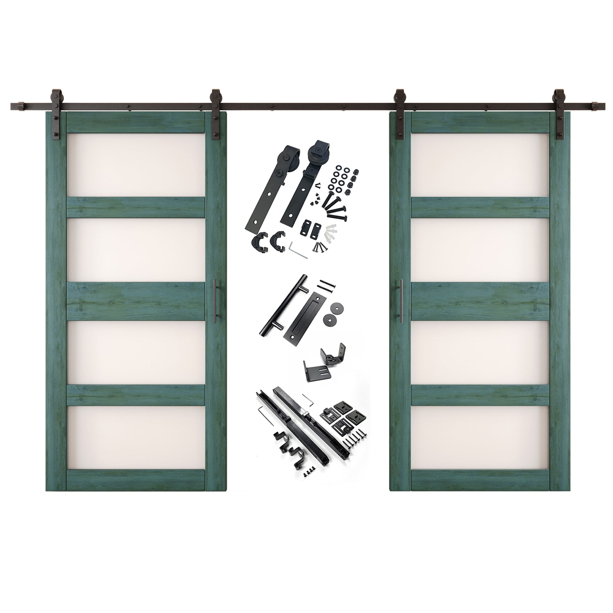 84" Height Royal Pine 4-Lite Frosted Glass Double Unassembled & Finished Pine Wood Barn Doors with Non-Bypass Installation Hardware Kit (Interior Use Only)