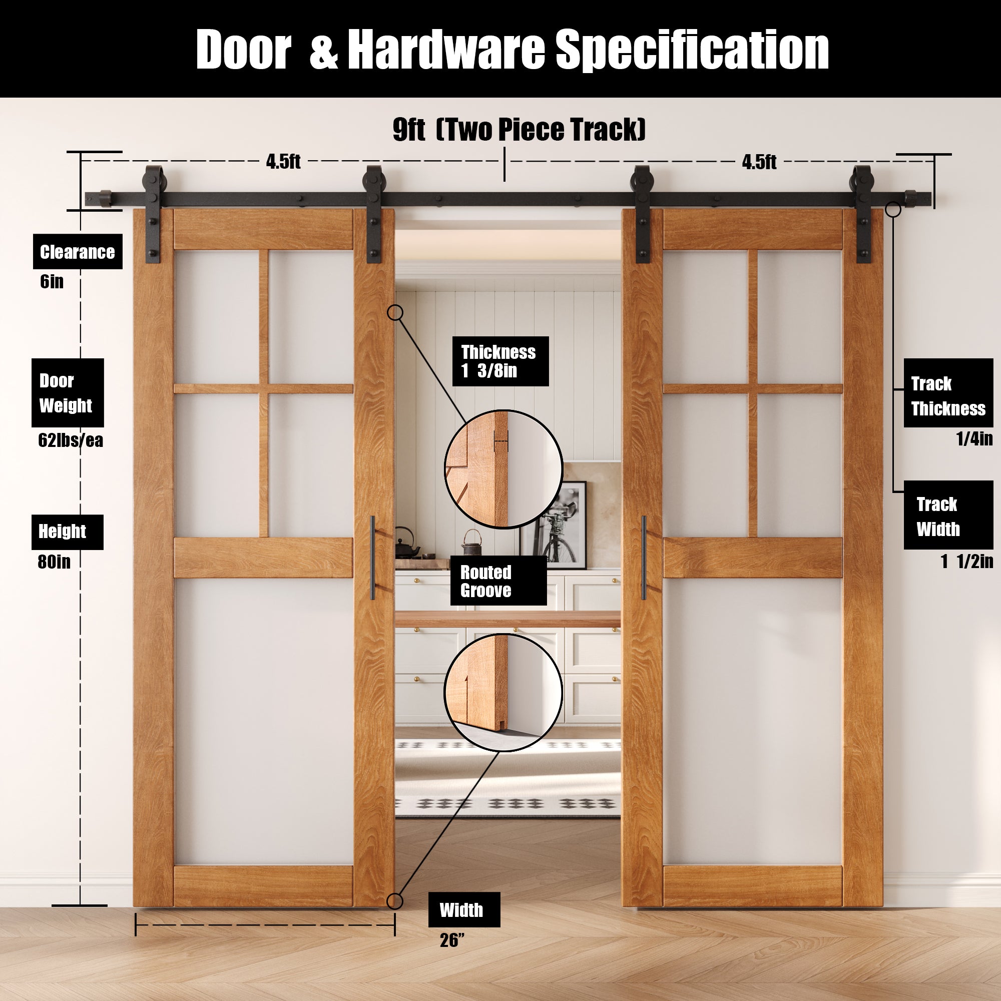 80" Height Early American 5-Lite Frosted Glass Double Unassembled & Finished Pine Wood Barn Doors with Non-Bypass Installation Hardware Kit (Interior Use Only)
