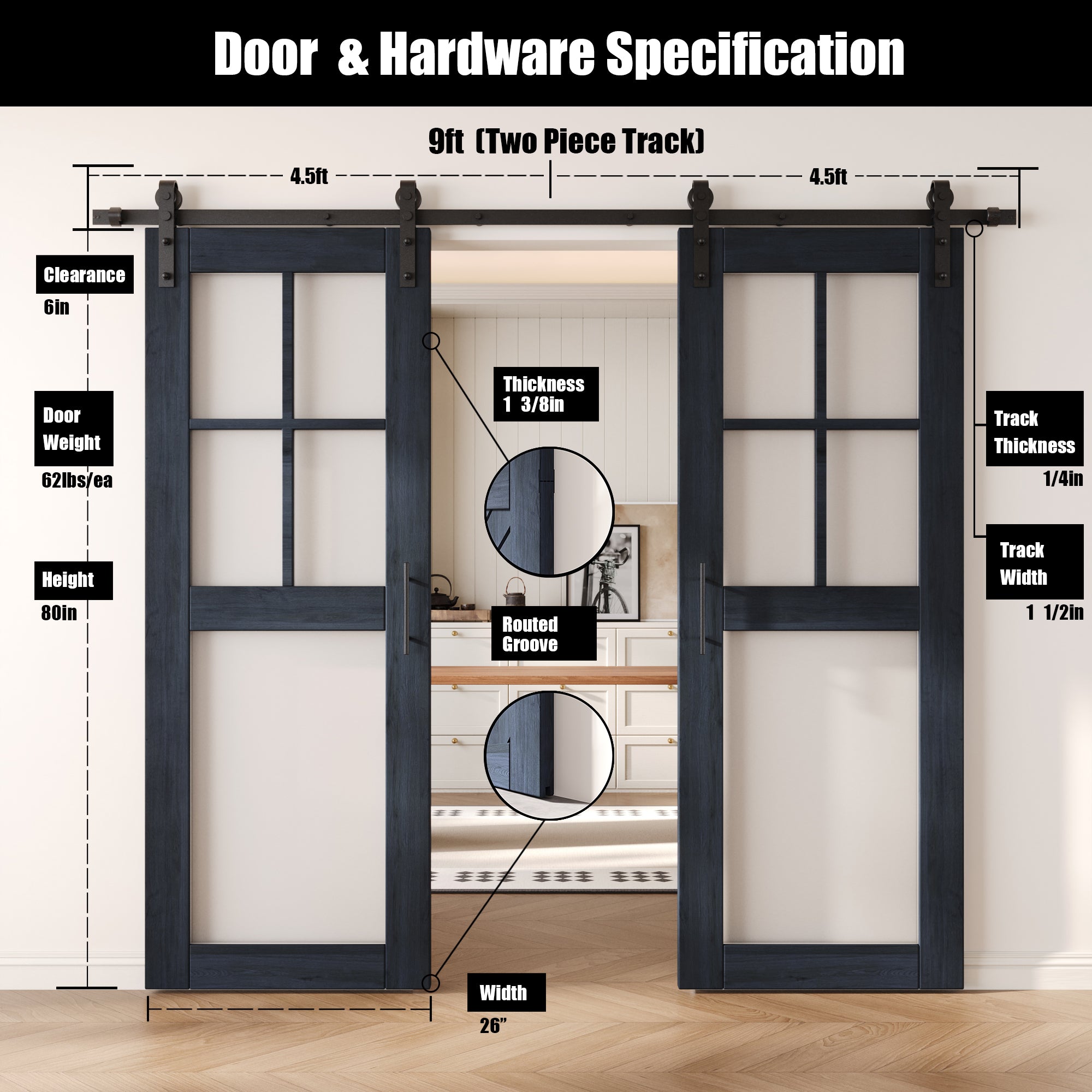 80" Height Navy 5-Lite Frosted Glass Double Unassembled & Finished Pine Wood Barn Doors with Non-Bypass Installation Hardware Kit (Interior Use Only)