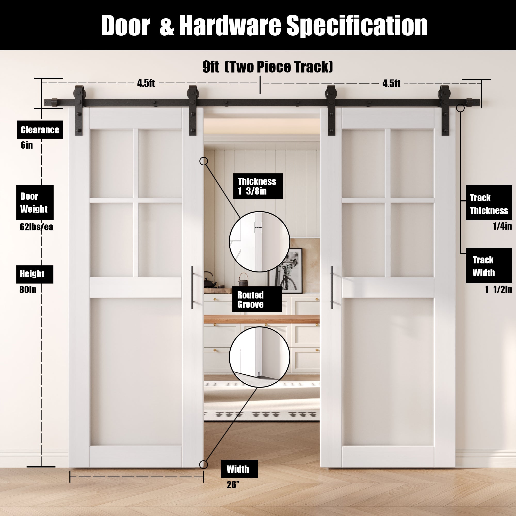 80" Height White 5-Lite Frosted Glass Double Unassembled & Finished Pine Wood Barn Doors with Non-Bypass Installation Hardware Kit (Interior Use Only)