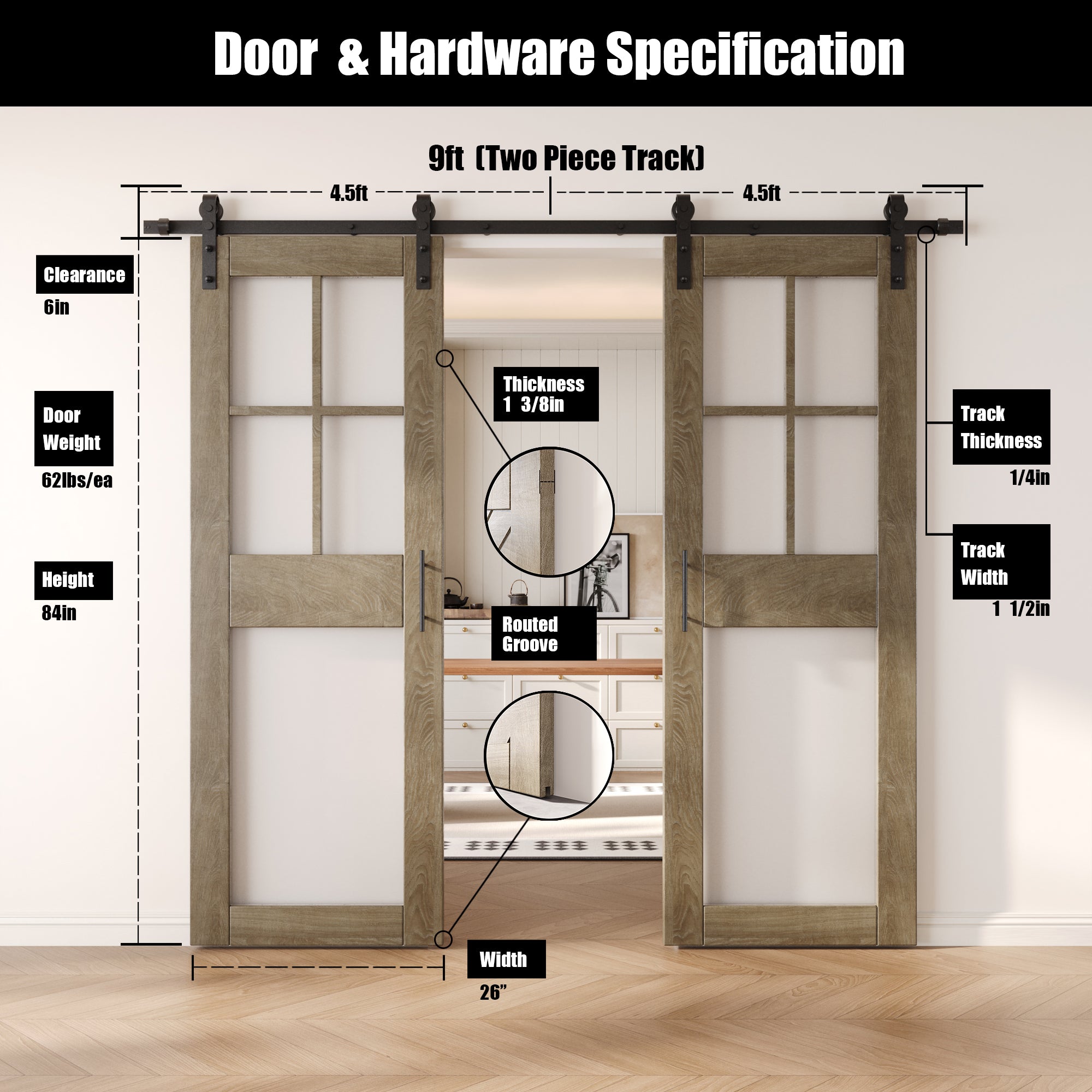 84" Height Classic Gray 5-Lite Frosted Glass Double Unassembled & Finished Pine Wood Barn Doors with Non-Bypass Installation Hardware Kit (Interior Use Only)