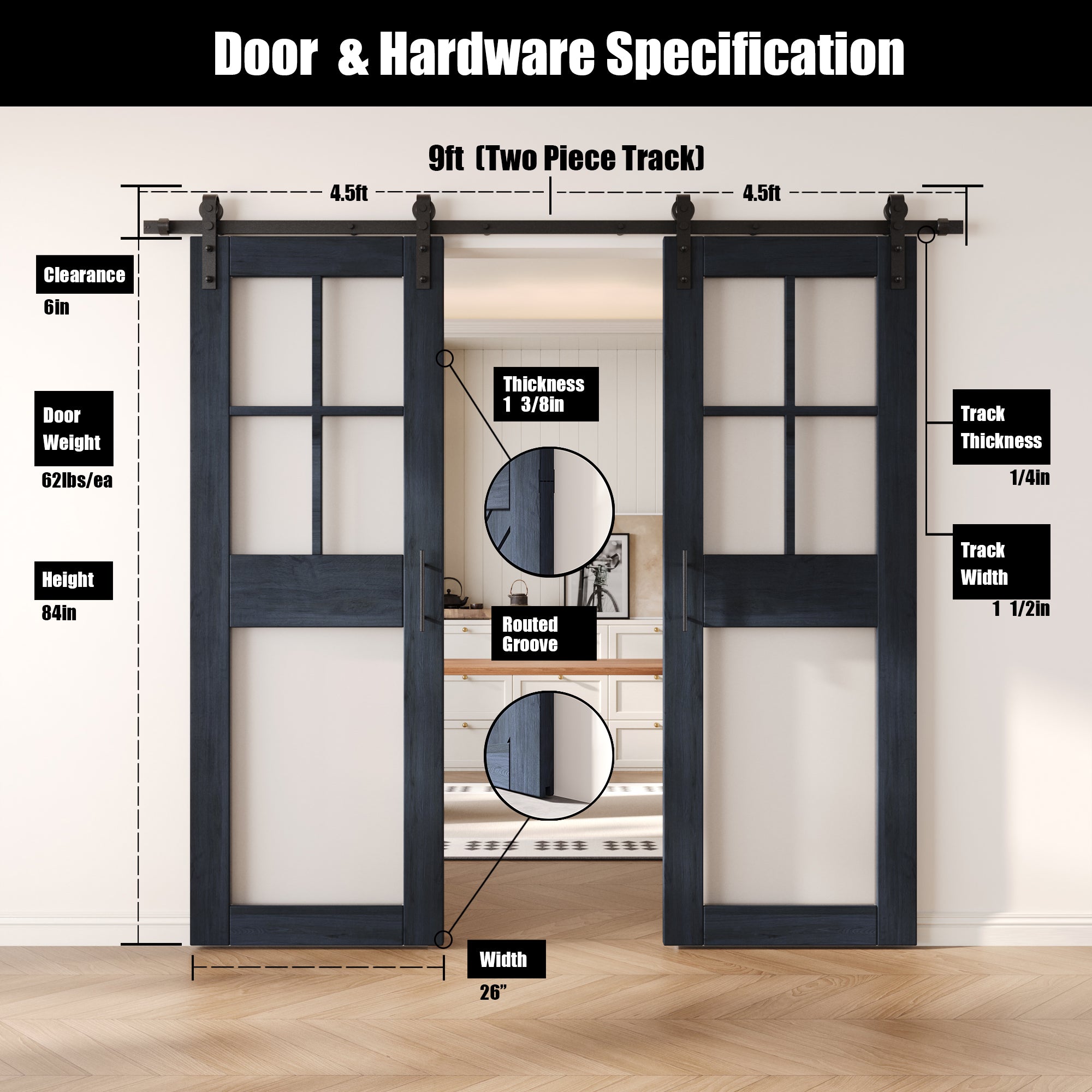 84" Height Navy 5-Lite Frosted Glass Double Unassembled & Finished Pine Wood Barn Doors with Non-Bypass Installation Hardware Kit (Interior Use Only)